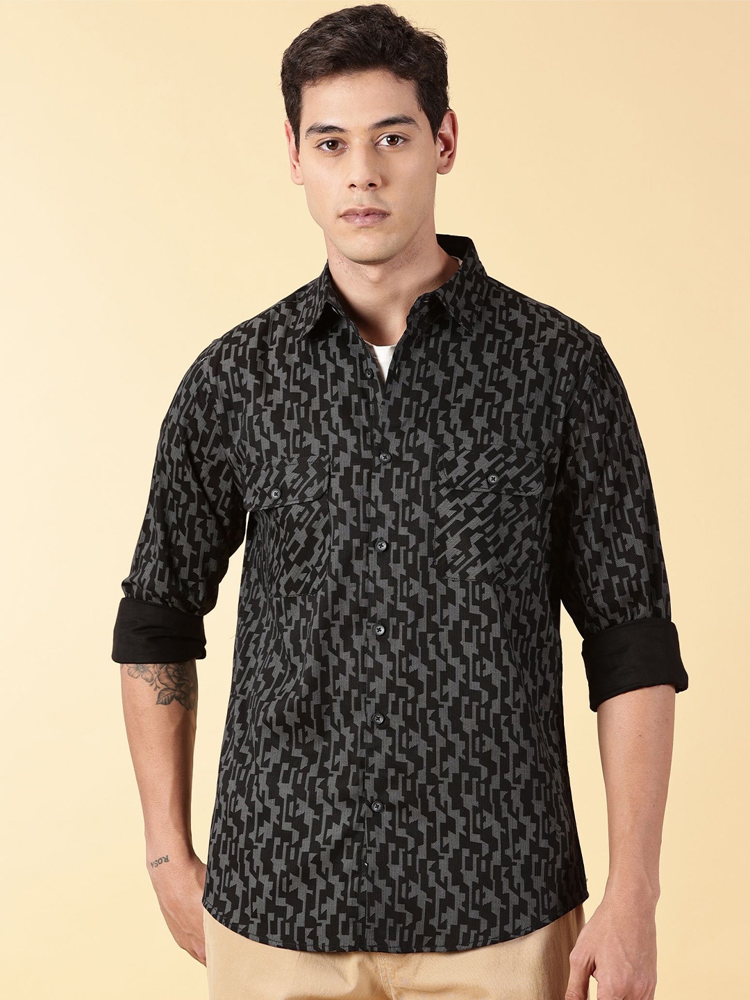 

VALEN CLUB Slim Fit Geometric Printed Cotton Casual Shirt, Black