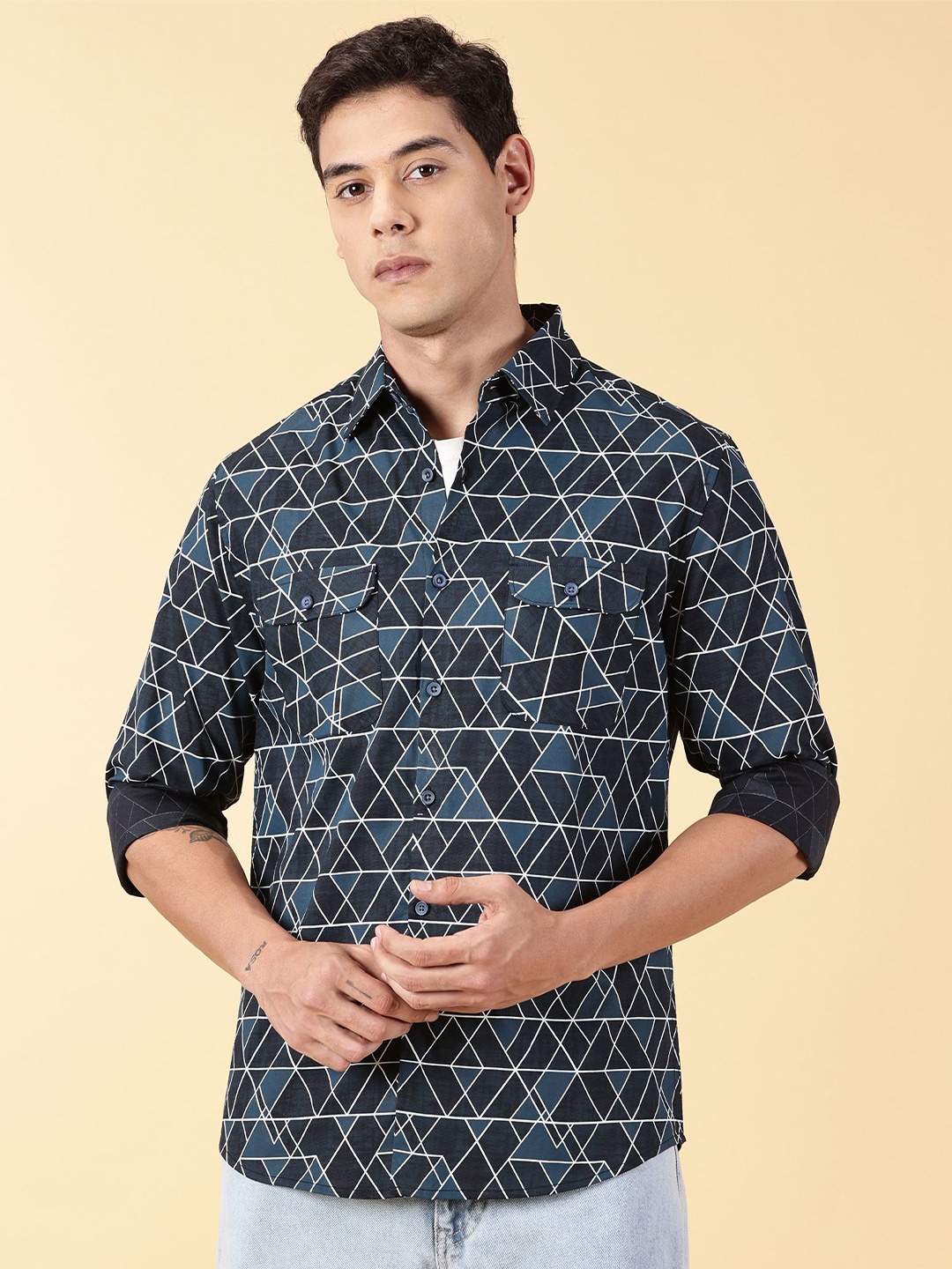 

VALEN CLUB Slim Fit Geometric Printed Cotton Casual Shirt, Blue