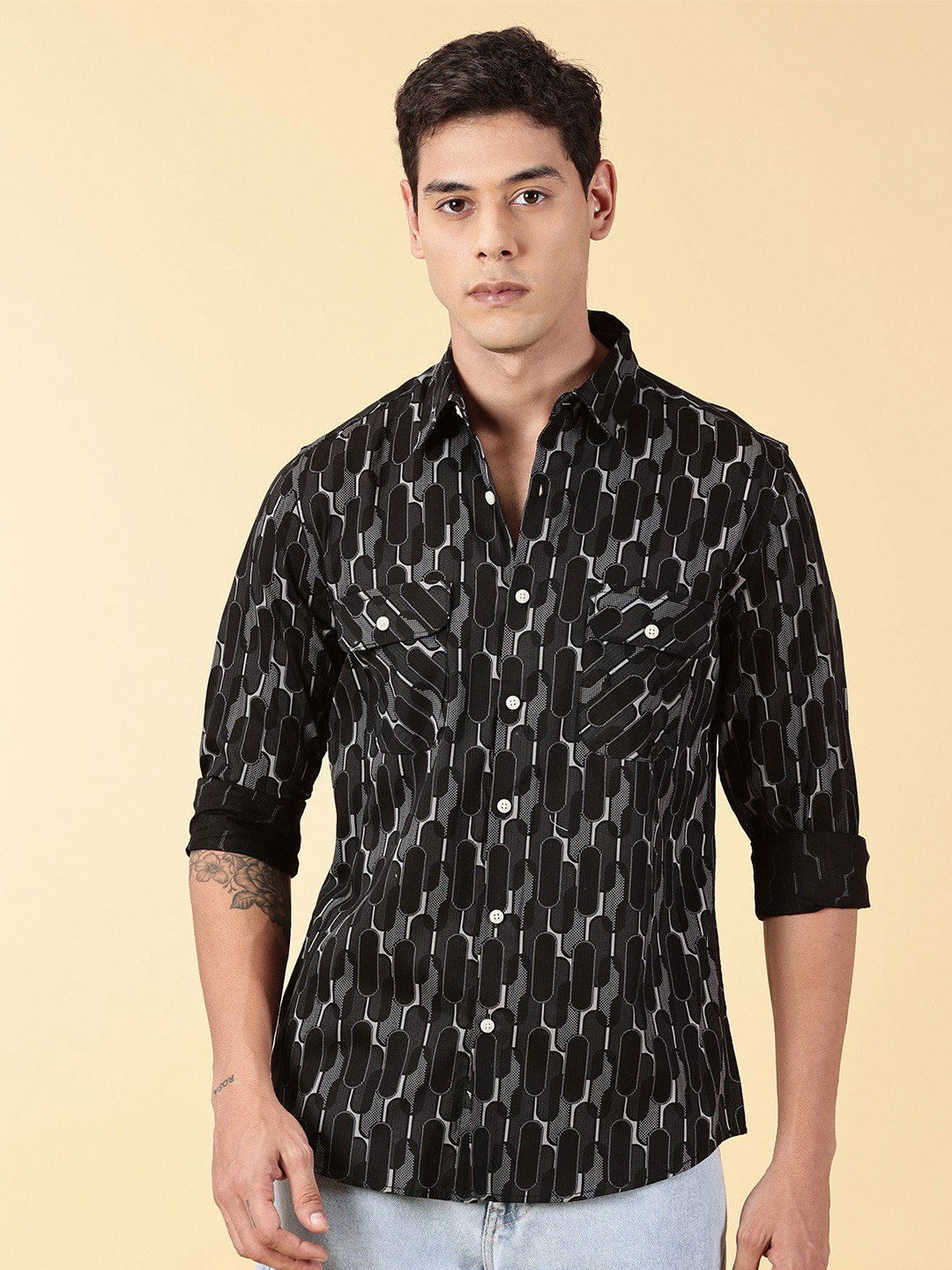 

VALEN CLUB Slim Fit Geometric Printed Cotton Casual Shirt, Black