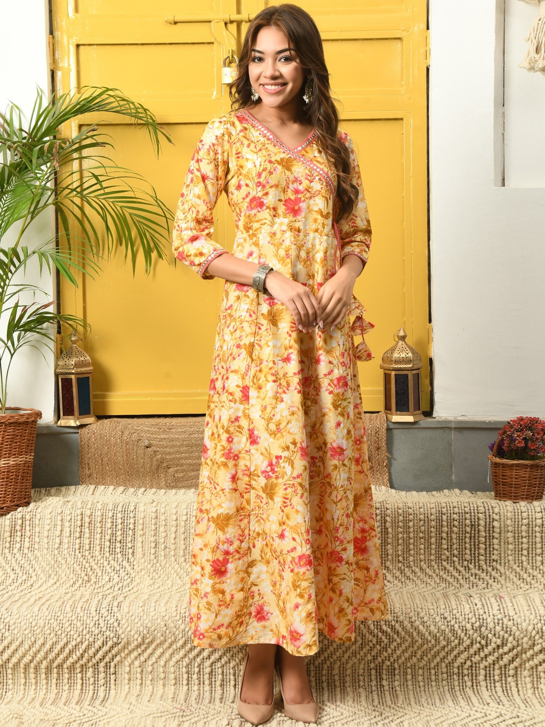 Chandbaali Floral Printed Beads And Stones A-Line Kurta, Mustard
