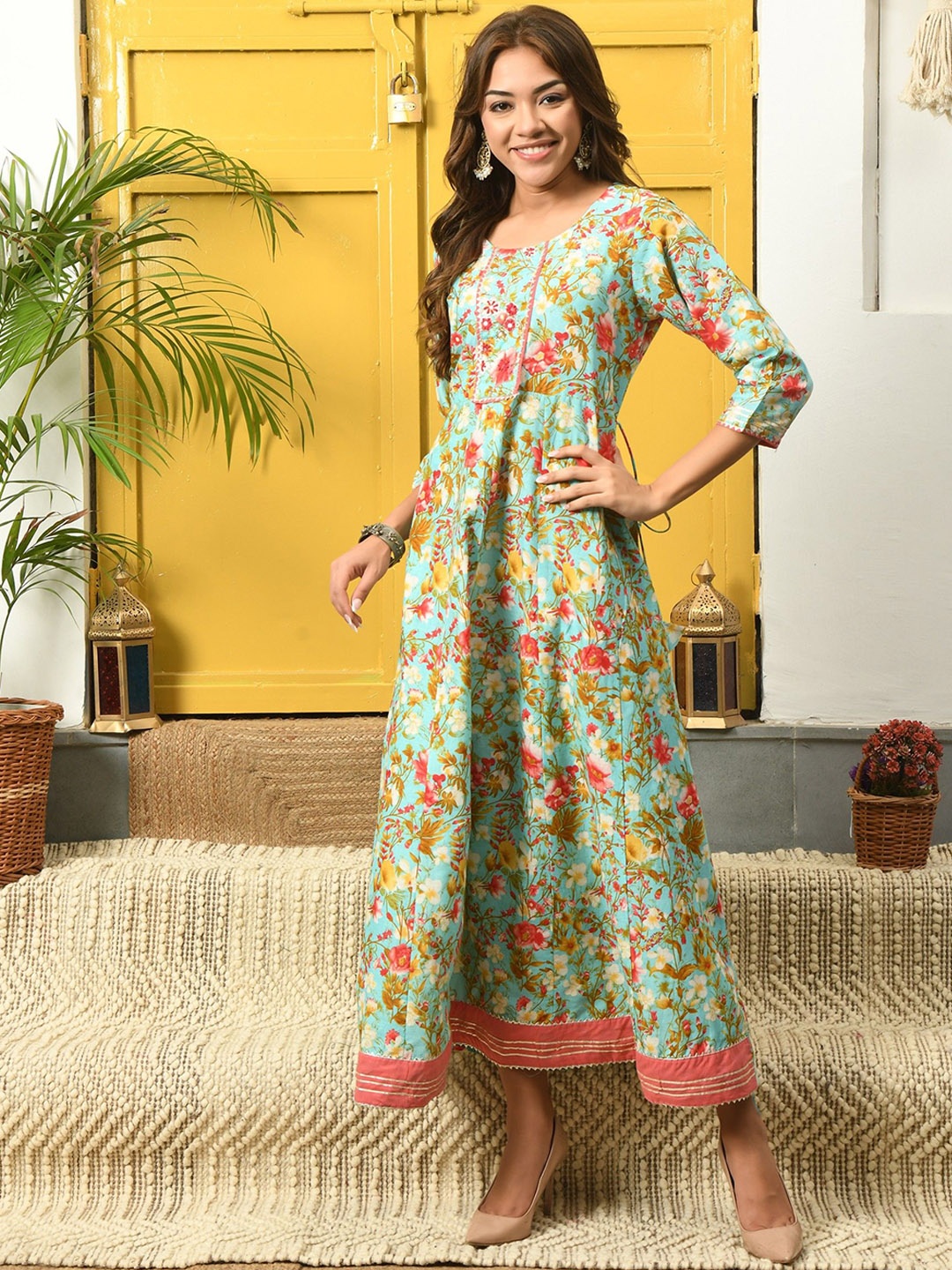Chandbaali Floral Printed Thread Work Anarkali Kurta, Turquoise blue