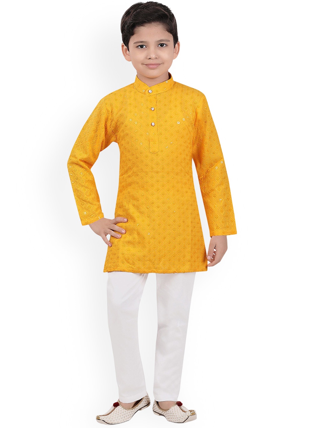 

BAESD Boys Ethnic Motifs Embroidered Regular Sequinned Straight Kurta With Pyjamas, Yellow