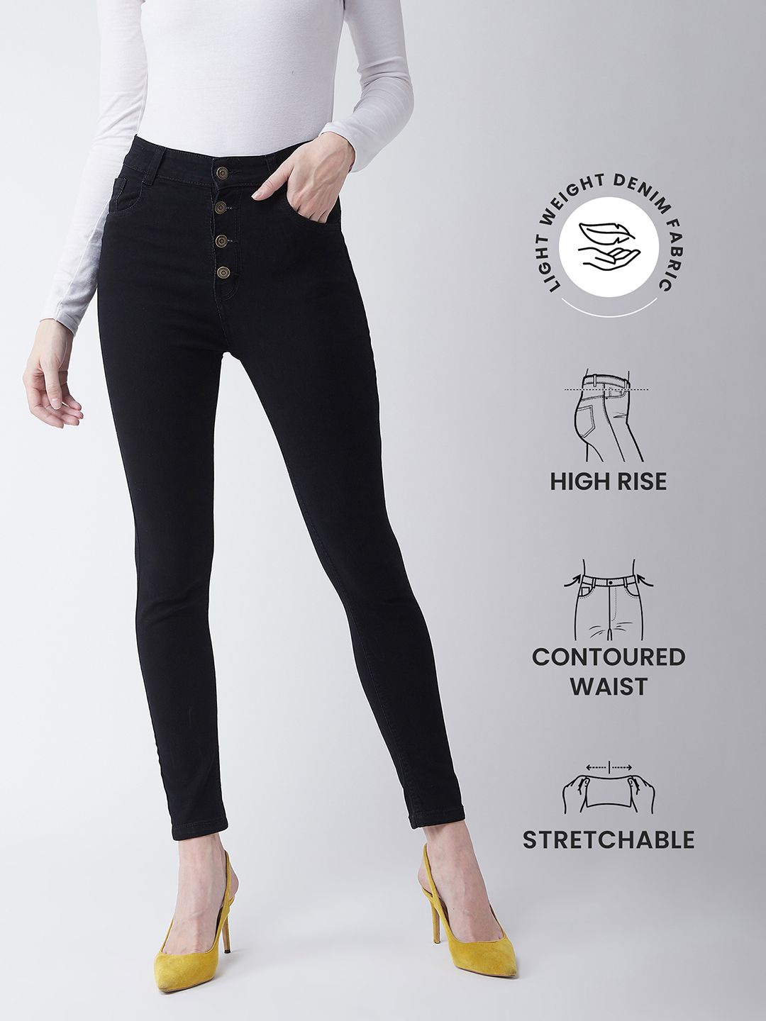 

Miss Chase Women Skinny Fit High-Rise Clean Look Cotton Denim Stretchable Jeans, Black