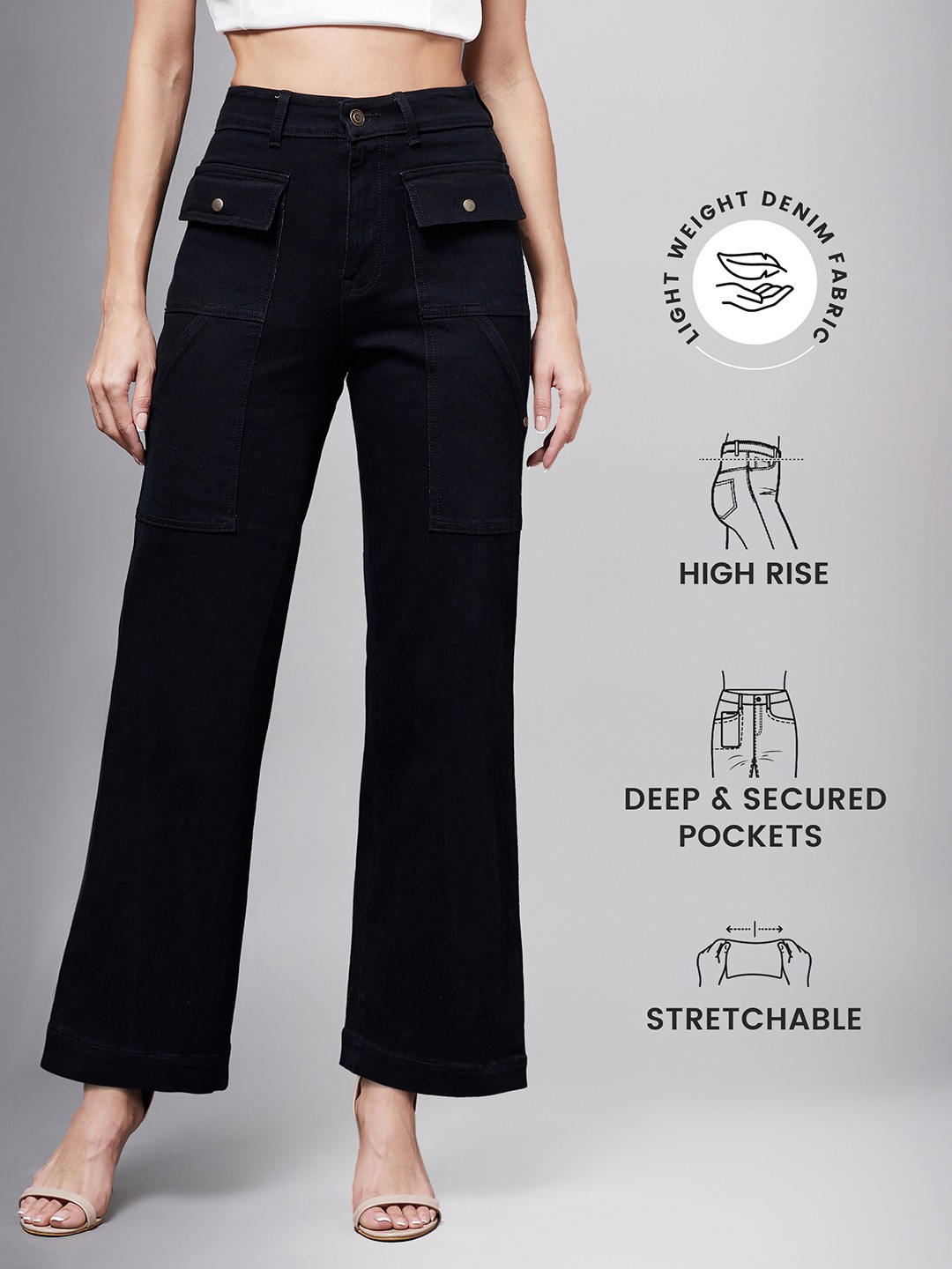 

Miss Chase Women High-Rise Clean Look Cotton Denim Stretchable Flared Jeans, Black