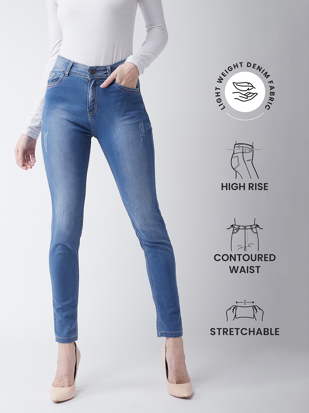 

Miss Chase Women Skinny Fit High-Rise Heavy Fade Low Distress Cotton Stretchable Jeans, Blue