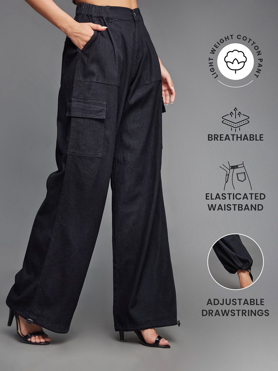 

Miss Chase Women Lightweight Straight Fit High-Rise Cotton Stretchable Denim Parachute Pants, Black