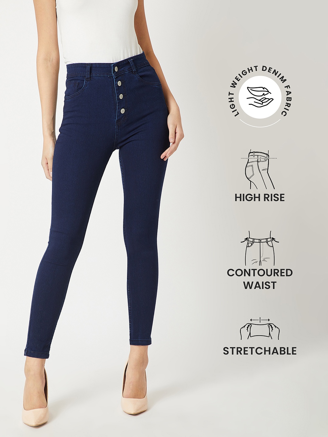 

Miss Chase Women Skinny Fit High-Rise Clean Look Cotton Denim Stretchable Jeans, Navy blue