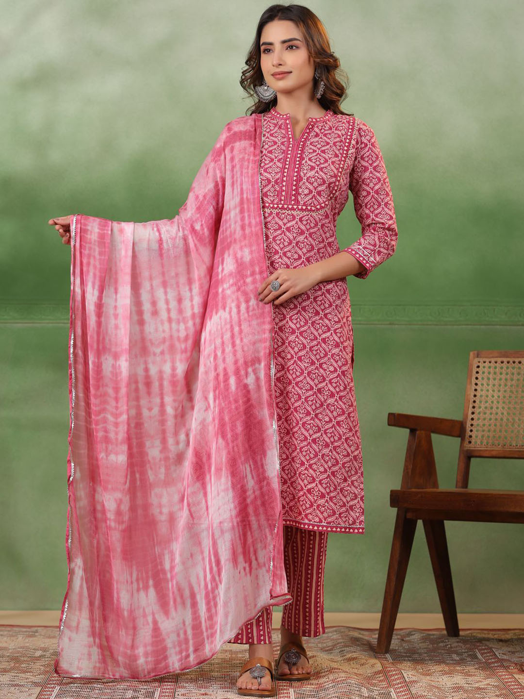 

RangDeep Floral Printed Band Collar Pure Cotton Straight Kurta With Trousers & Dupatta, Pink