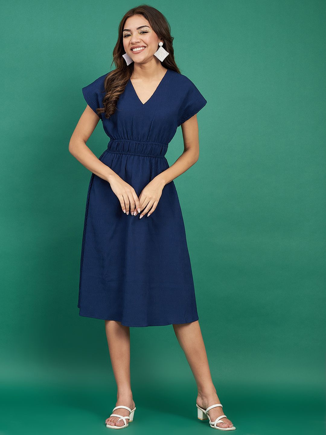 

Justin Whyte Striped Extended Sleeves Fit & Flare Dress, Navy blue