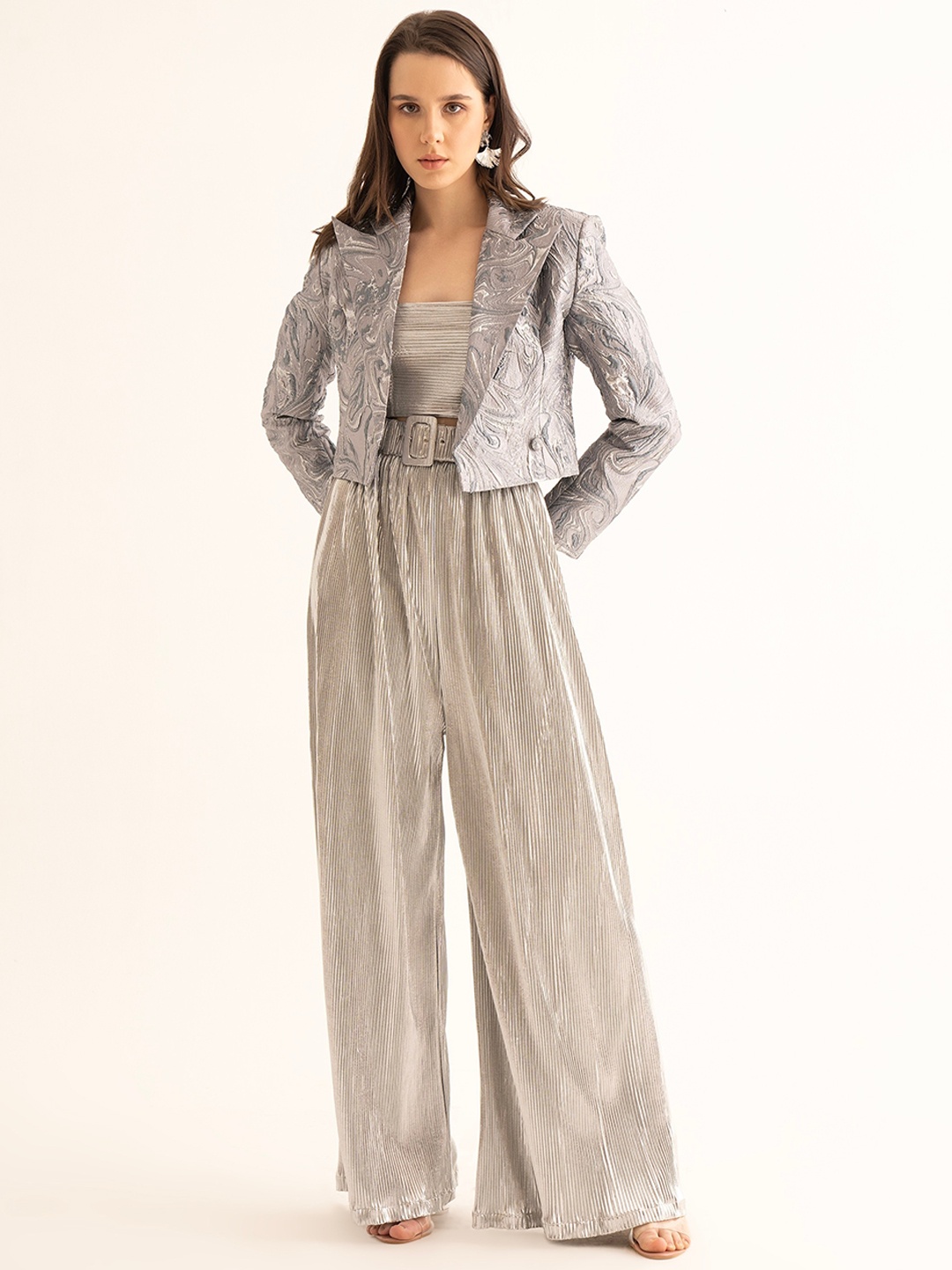 

TORQADORN Self-Design Tailored Fit Front Open Blazers, Silver