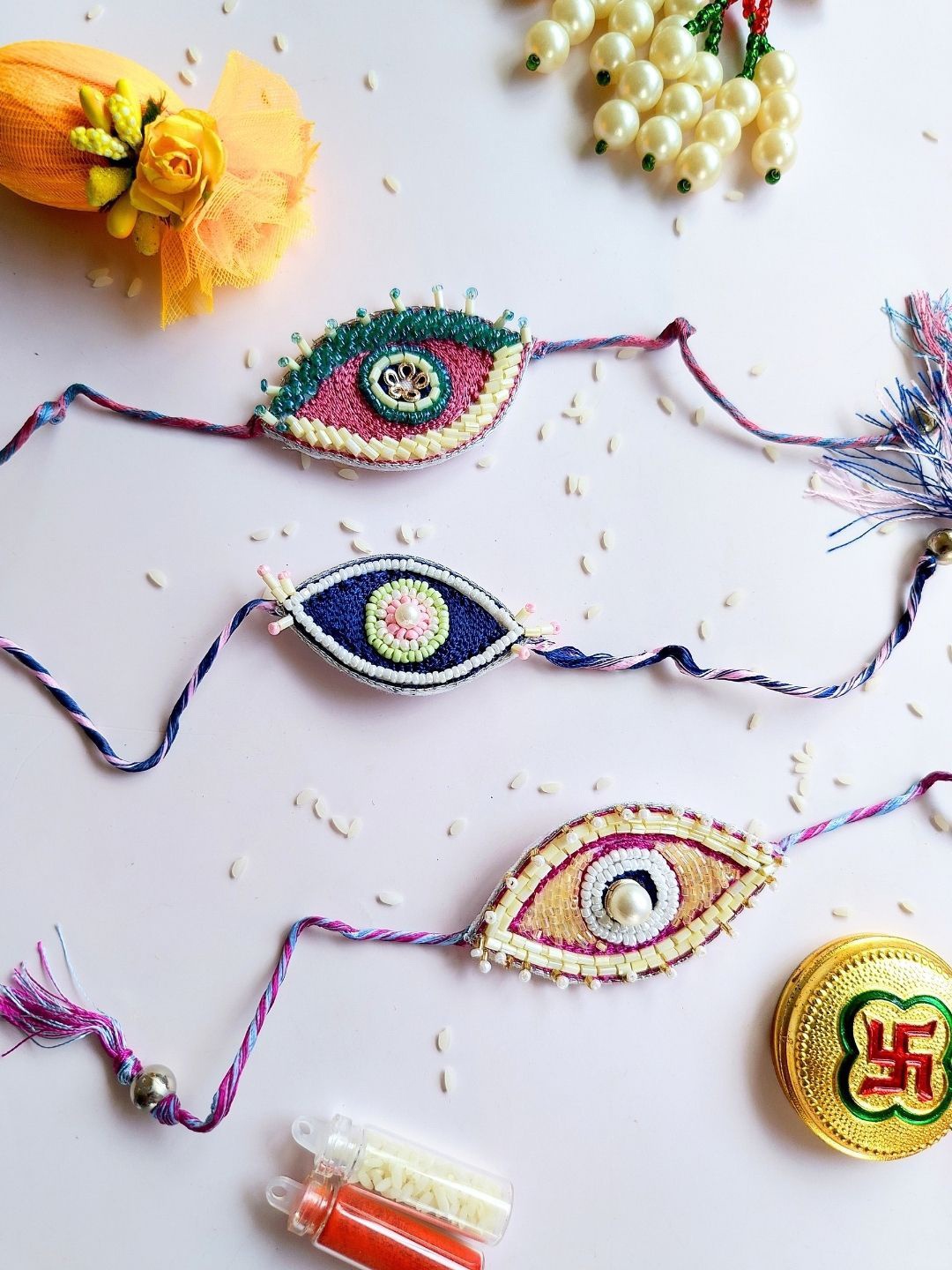

Sangria Men Set Of 3 Evil Eye Beaded Thread Rakhis, Blue