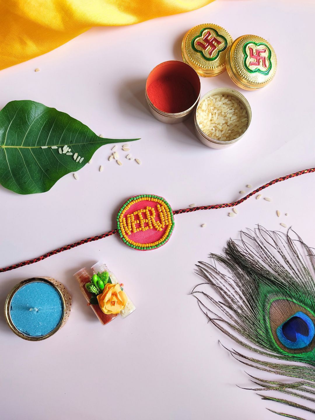 Sangria Yellow & green Veerji Beaded Thread Rakhi