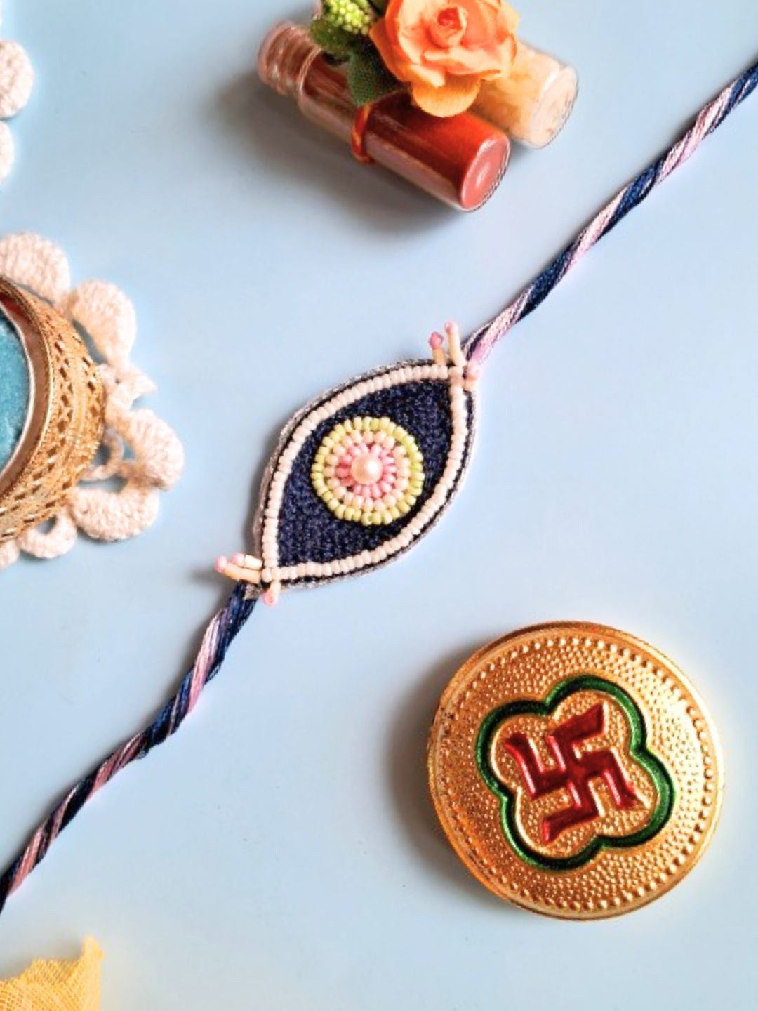 

Sangria Navy Blue & Pink Set Of 2 Evil Eye Beaded Thread Rakhis