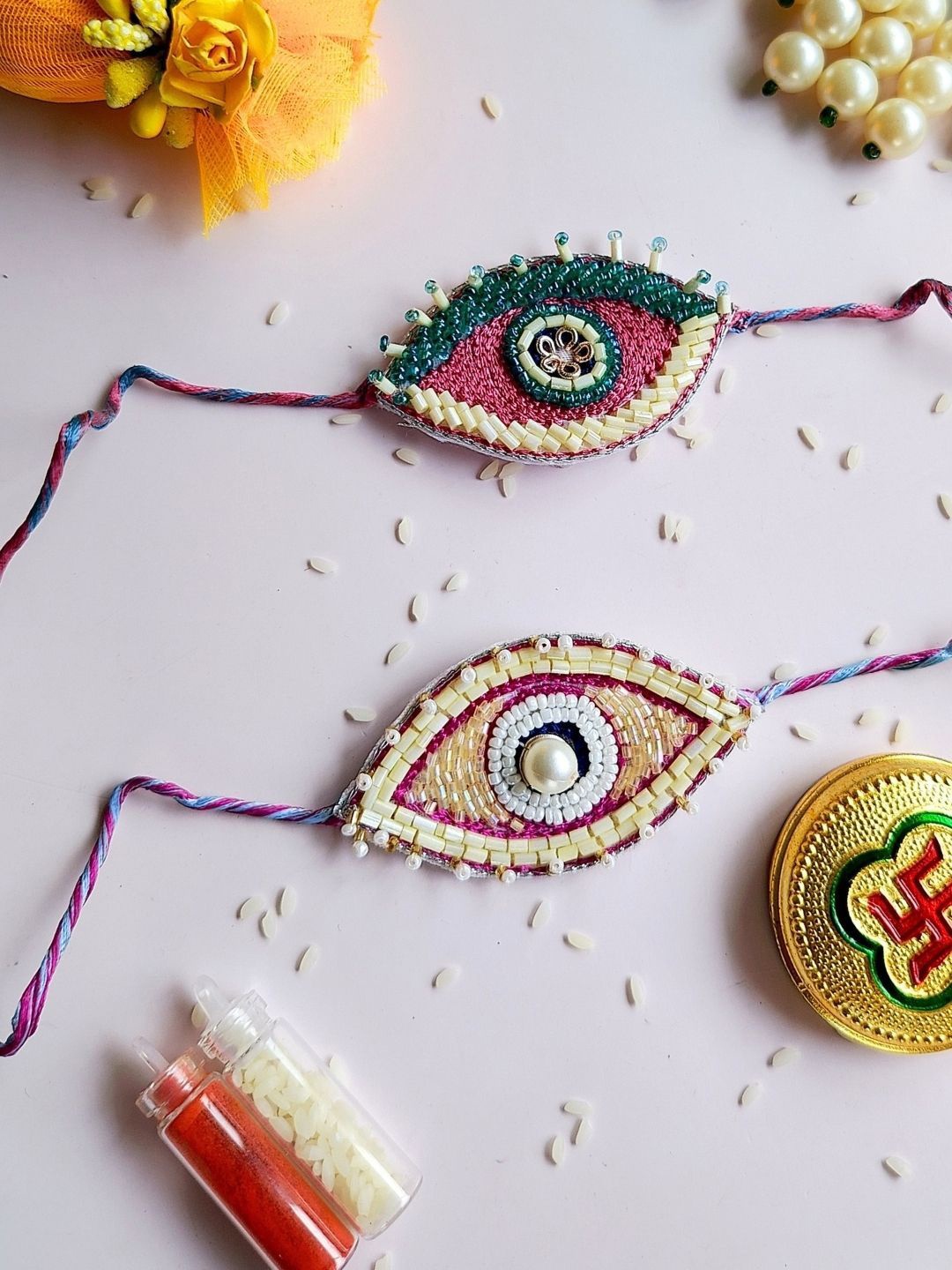 

Sangria Men Set Of 2 Evil Eye Beaded Thread Rakhis, Red