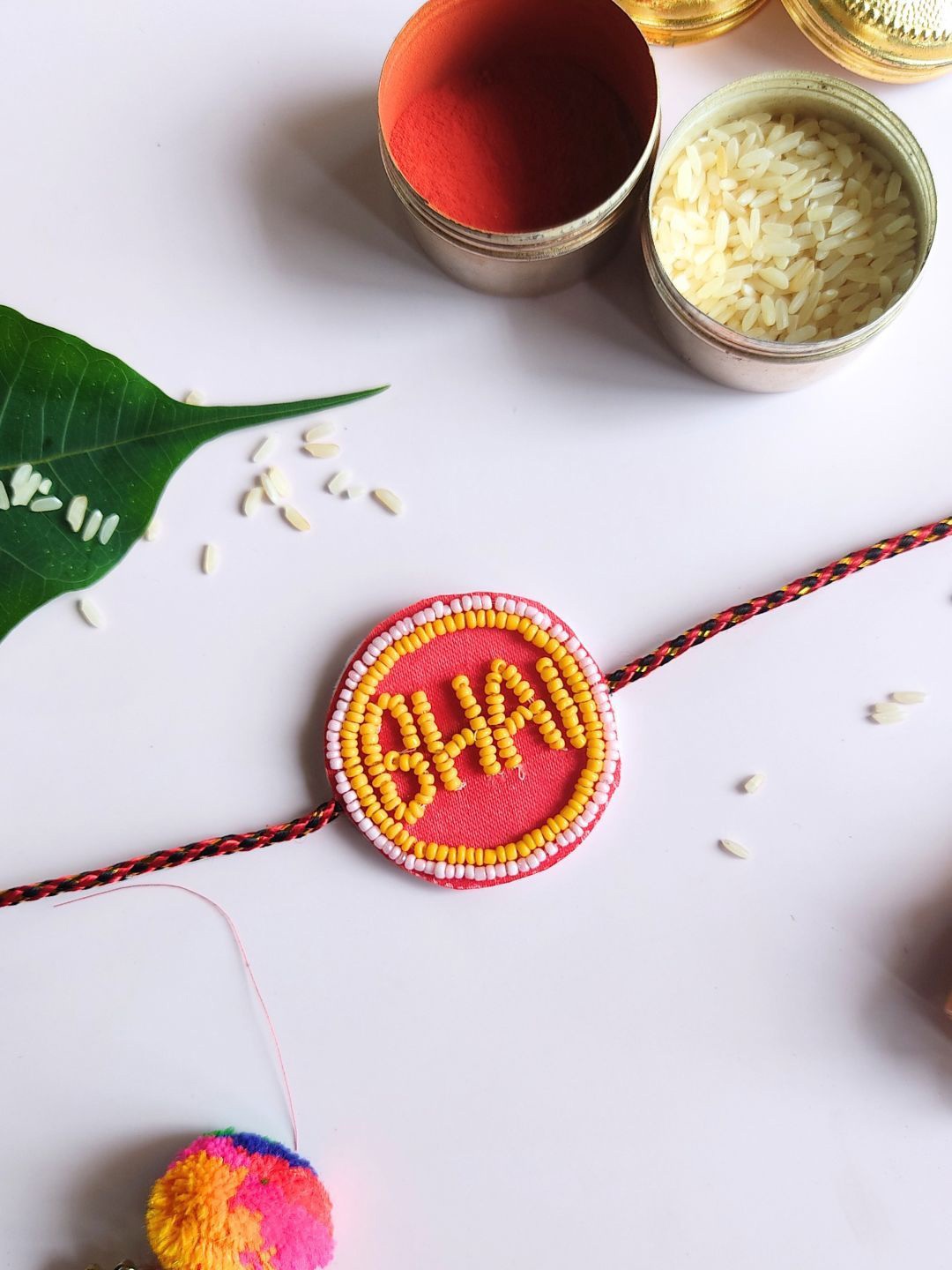 Sangria Red & Yellow Bhai Beaded Design Thread Rakhi