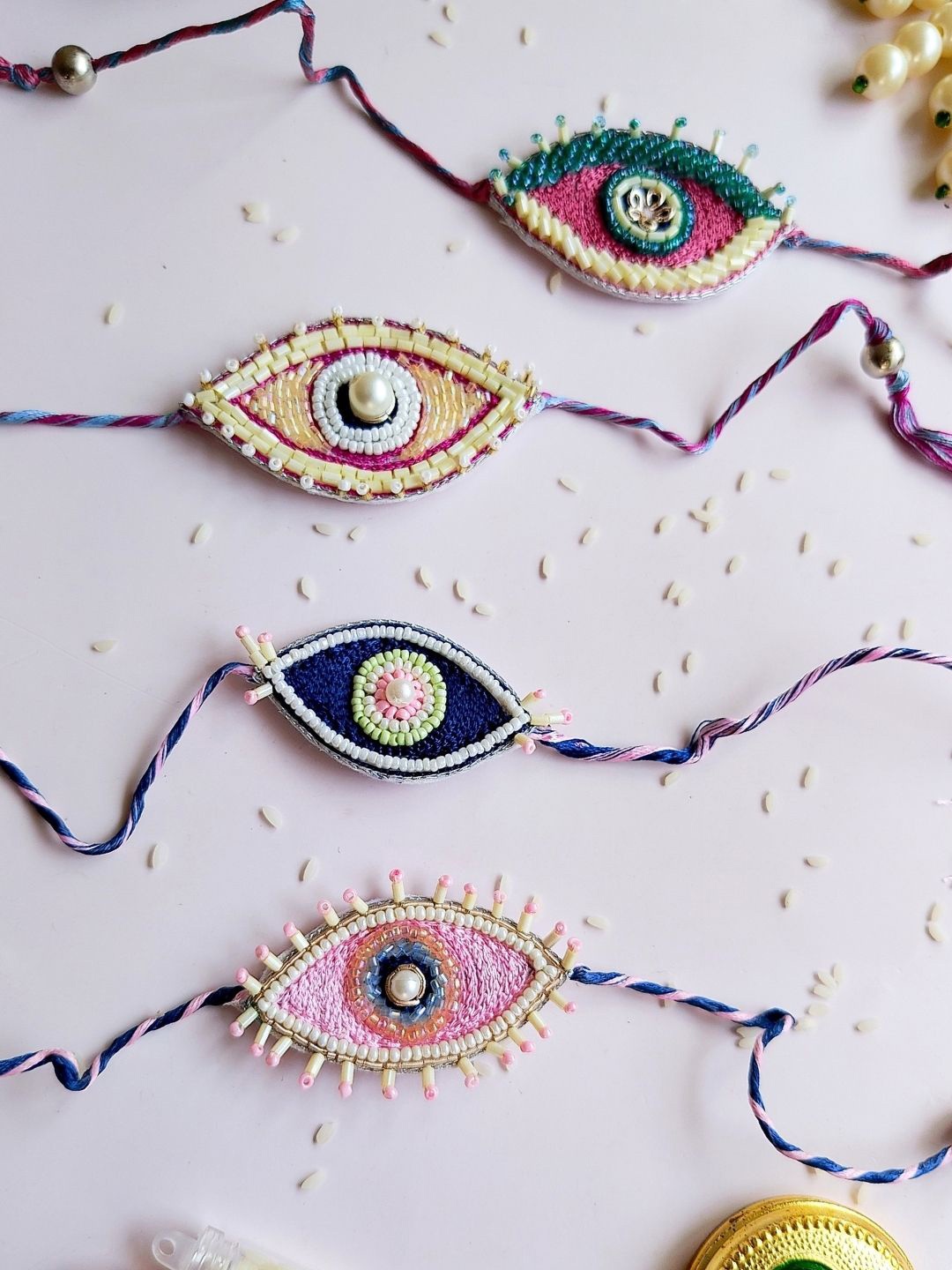 

Sangria Men Set Of 4 Evil Eye Beaded Thread Rakhis, Red