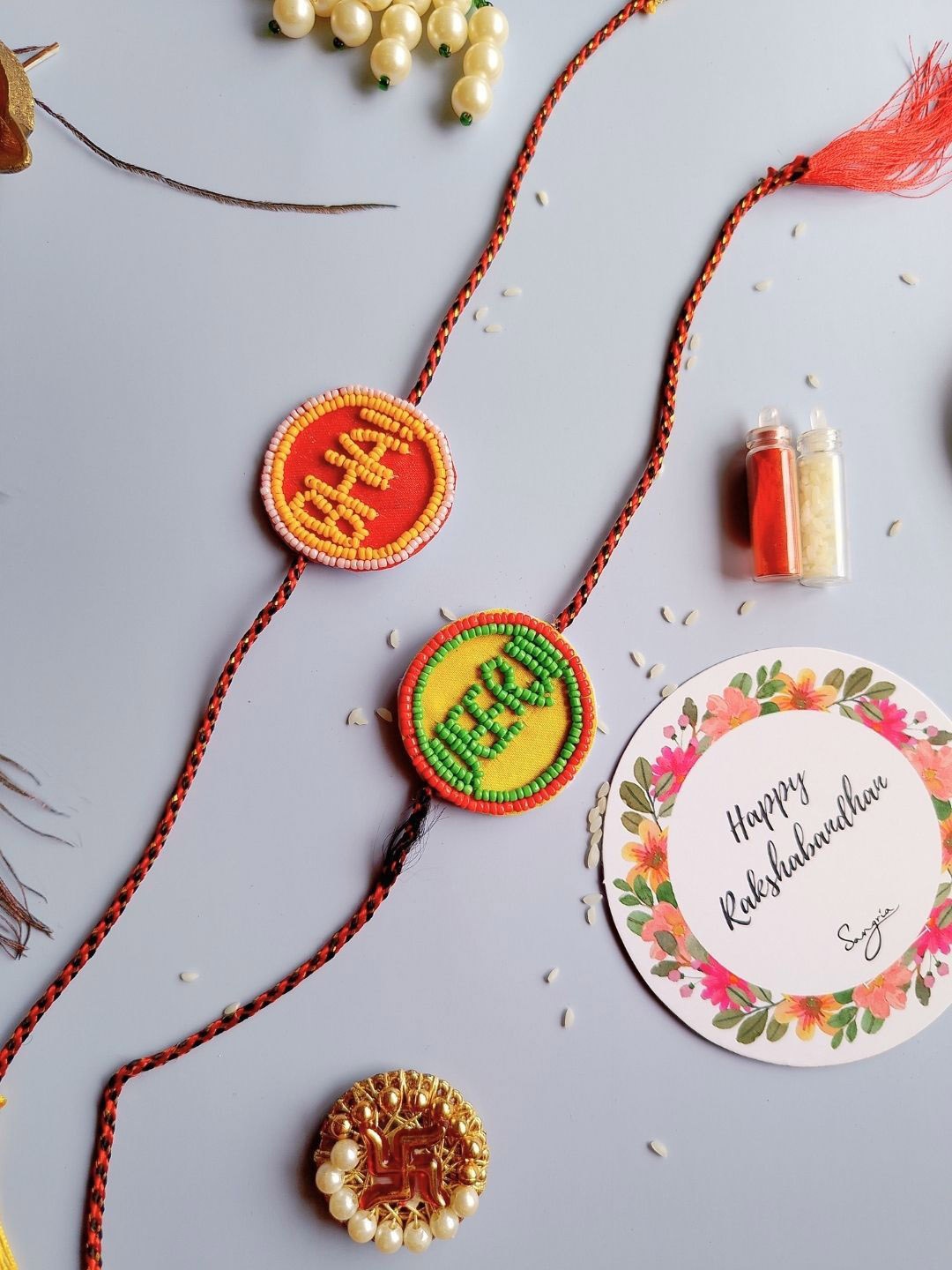

Sangria Red & Yellow Bhai Veerji Beaded Thread Rakhi