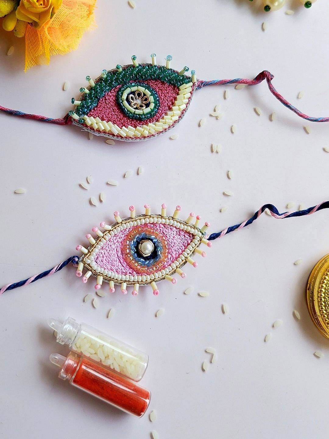 

Sangria Men Set Of 2 Evil Eye Beaded Thread Rakhis, Pink
