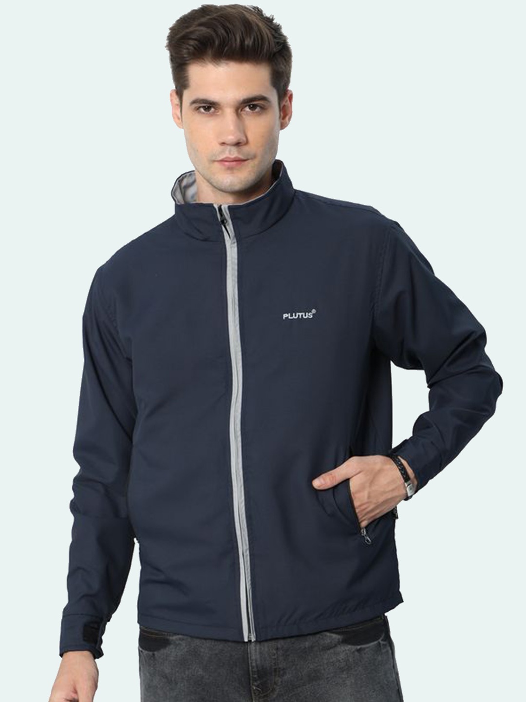 

Plutus Mock Collar Windcheater Sporty Jacket, Navy blue