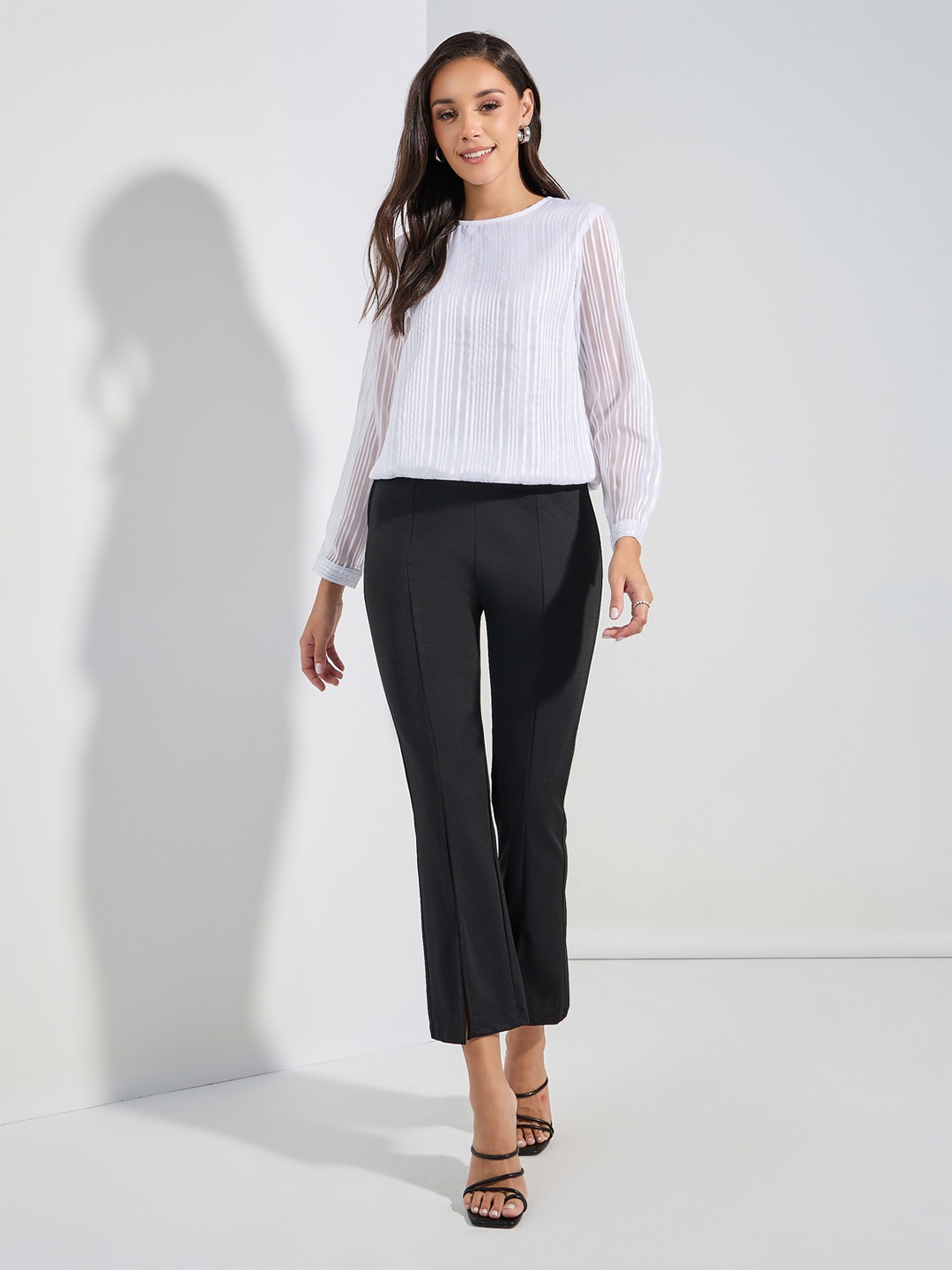 

Styli Striped Round Neck Full Sleeve Top With Lining, White