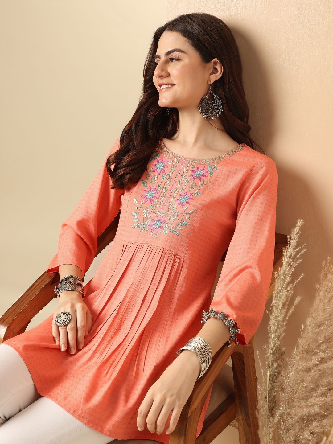 

Anouk Round Neck Floral Embroidered A-Line Top, Peach