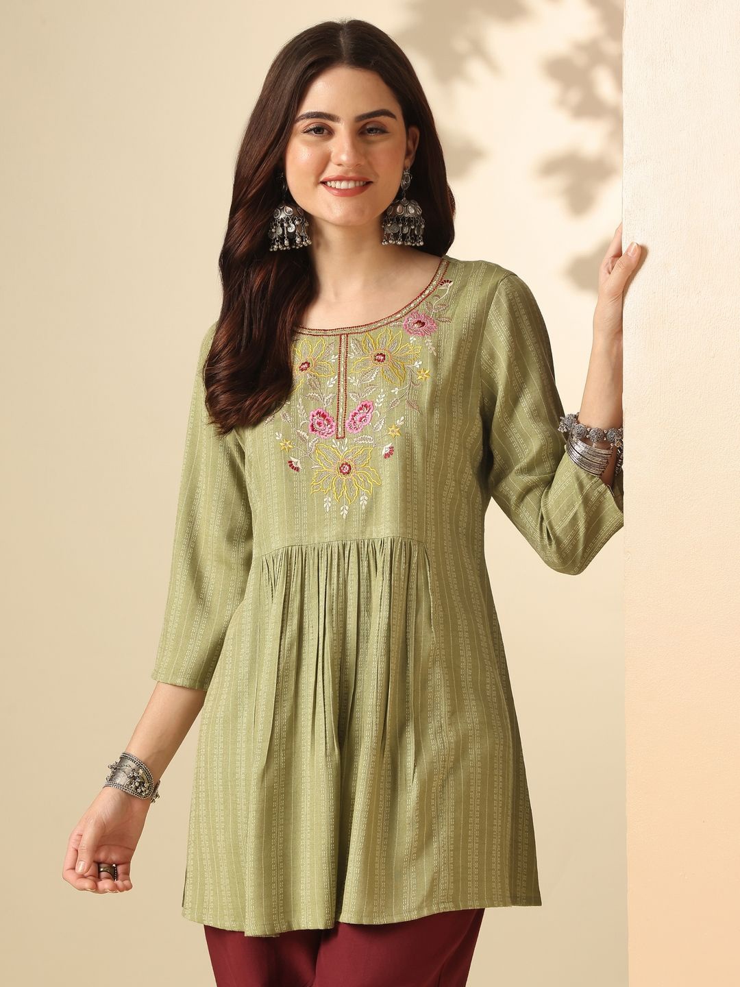 

Anouk Round Neck Embroidered Top, Khaki
