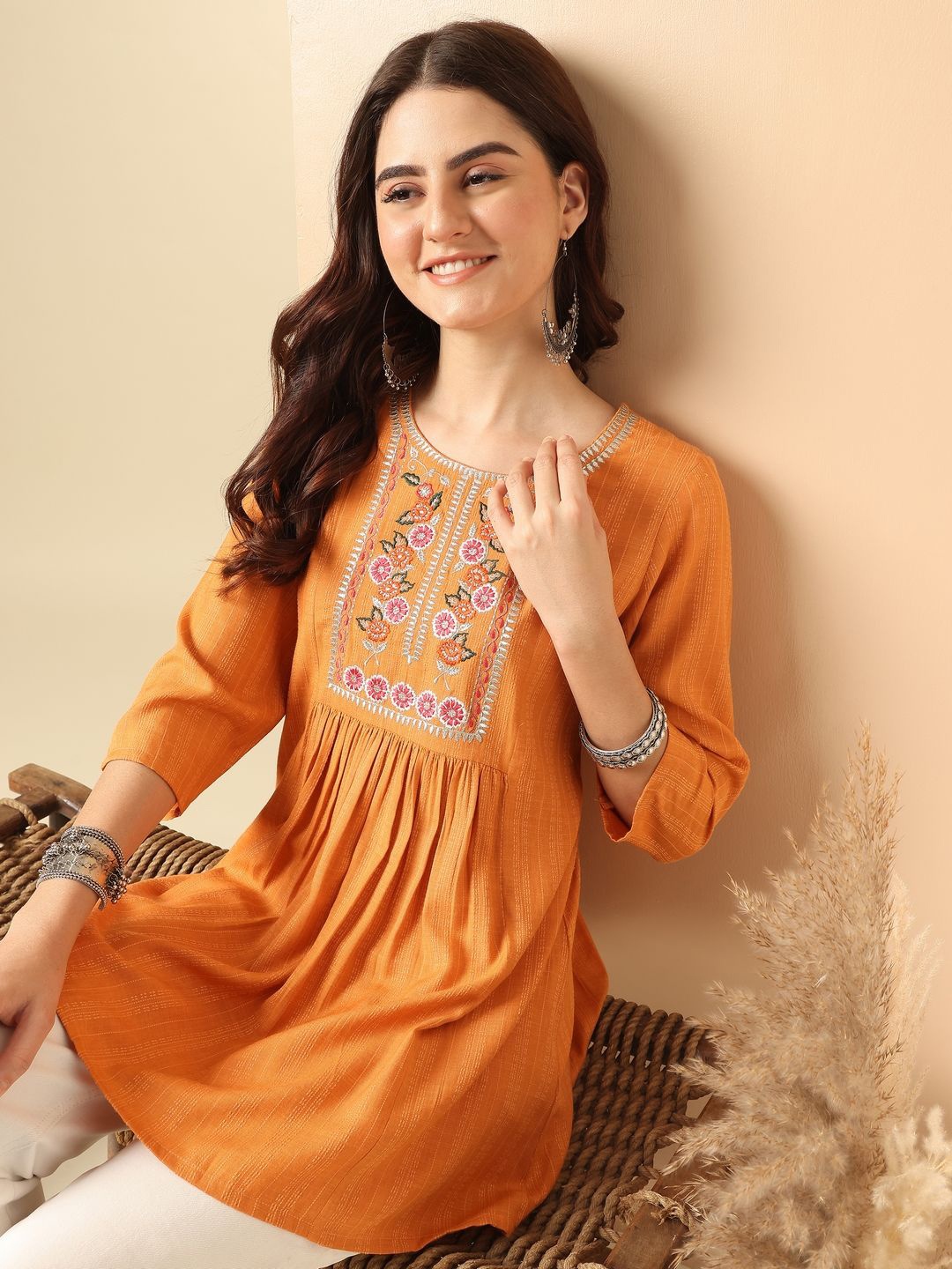

Anouk Round Neck Embroidered Top, Mustard