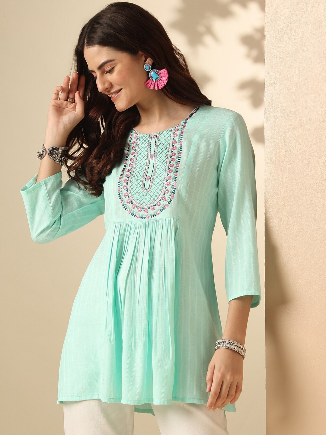 

Anouk Round Neck Self Design Embroidered A-Line Top, Blue