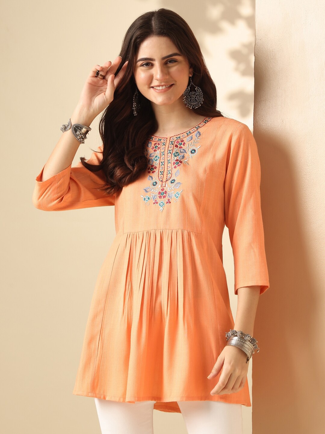 

Anouk Round Neck Self Design Embroidered A-Line Top, Orange