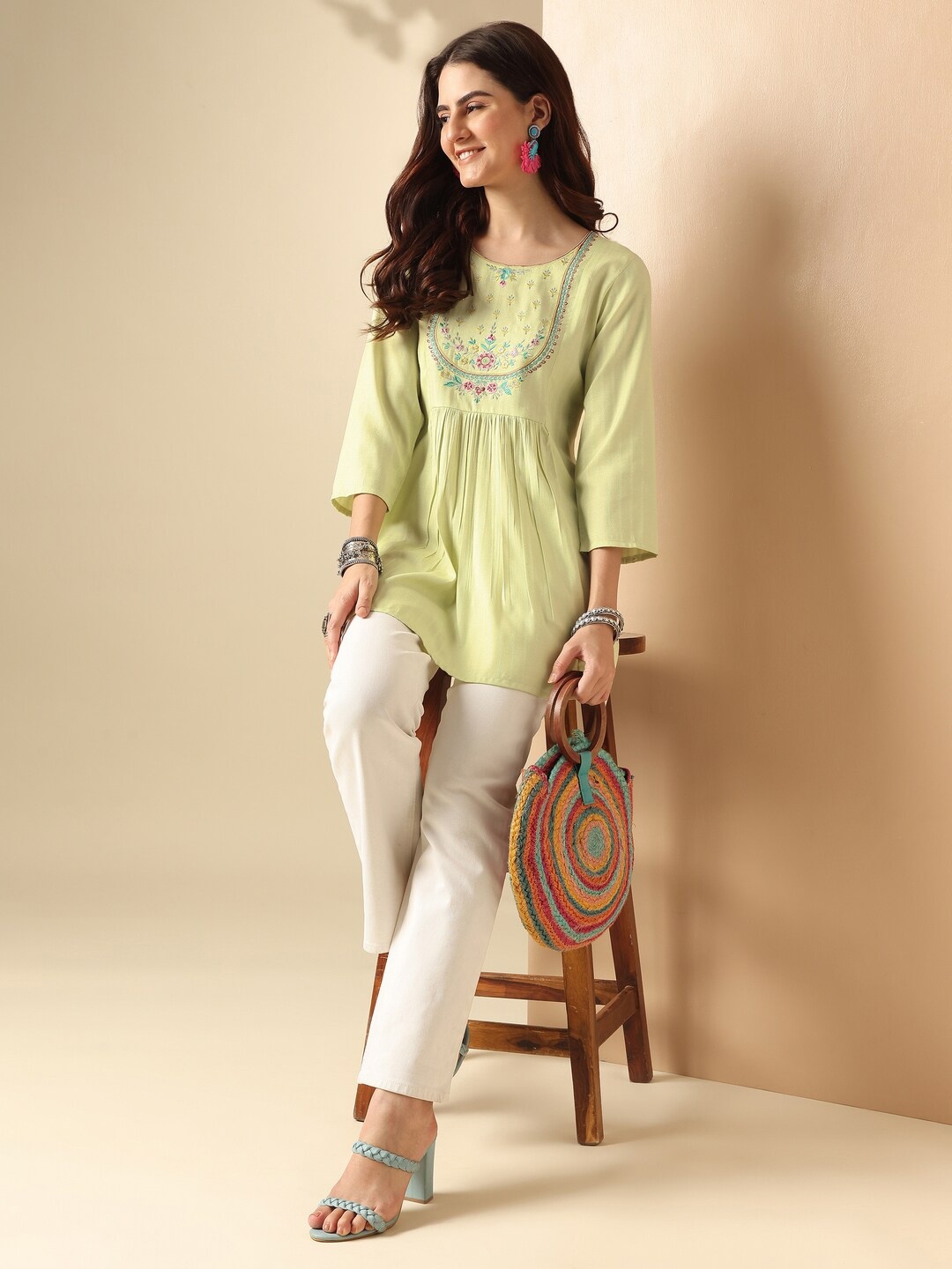 

Anouk Round Neck Self Design Embroidered Top, Lime green