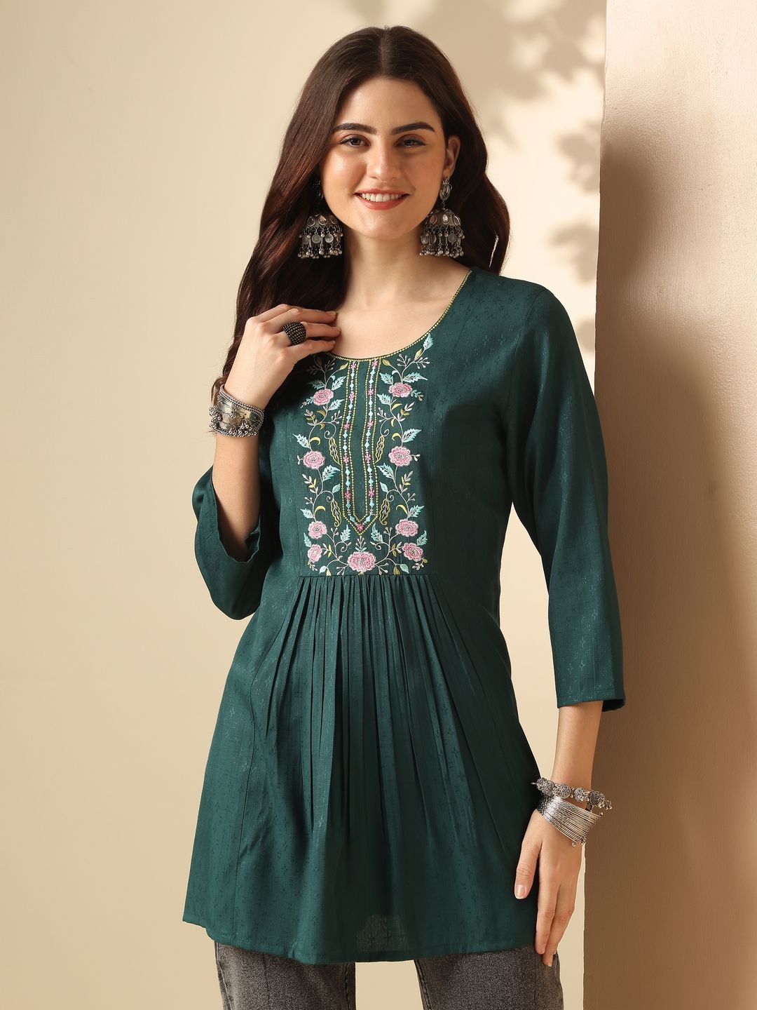 

Anouk Round Neck Self Design Embroidered A-Line Top, Green