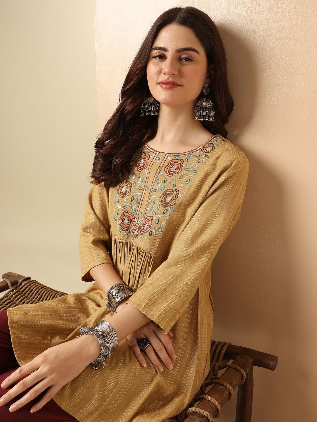 

Anouk Round Neck Self Design Embroidered Top, Beige