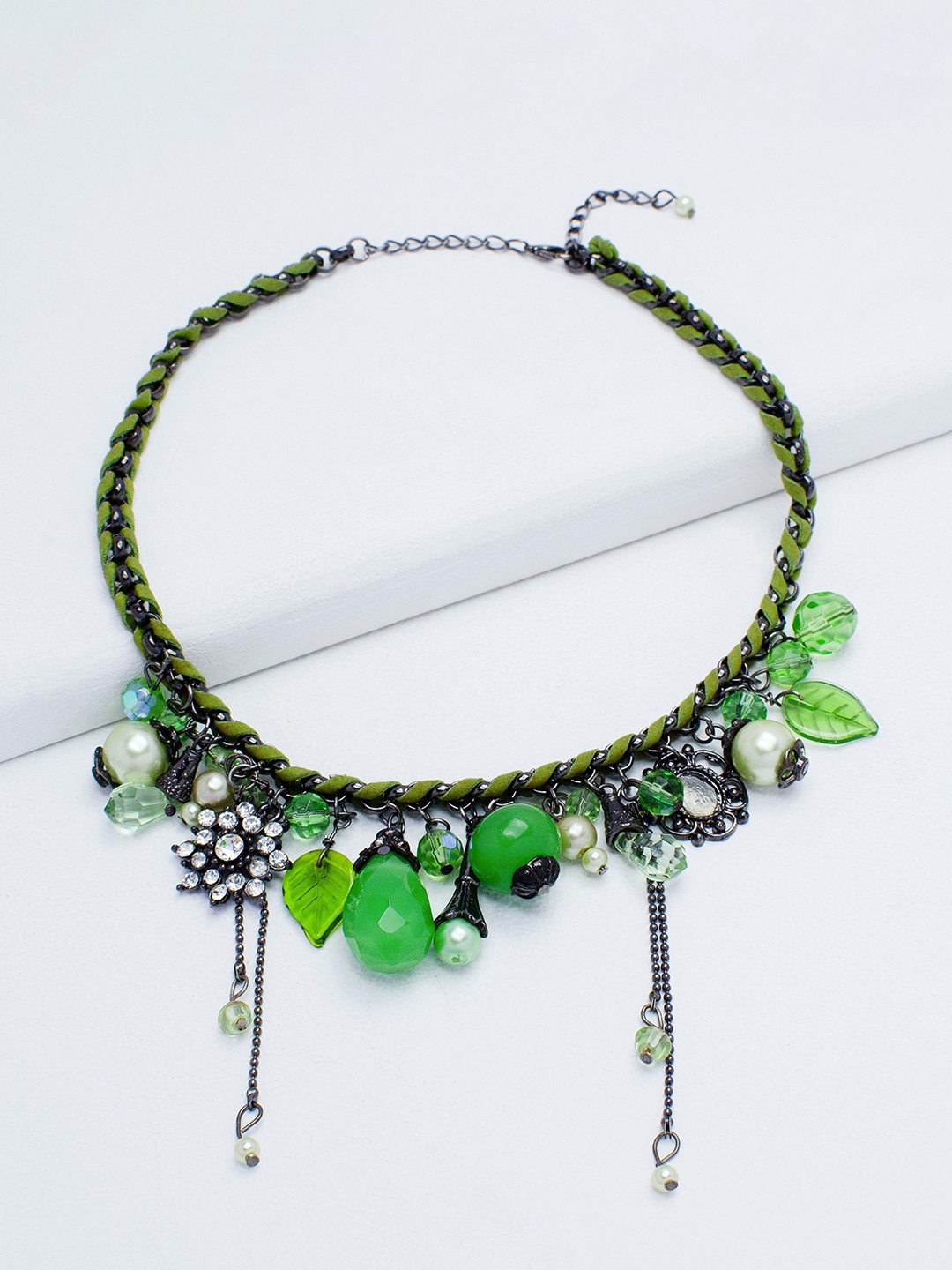 

Rhea Rhodium-Plated Beads-Studded Necklace, Green