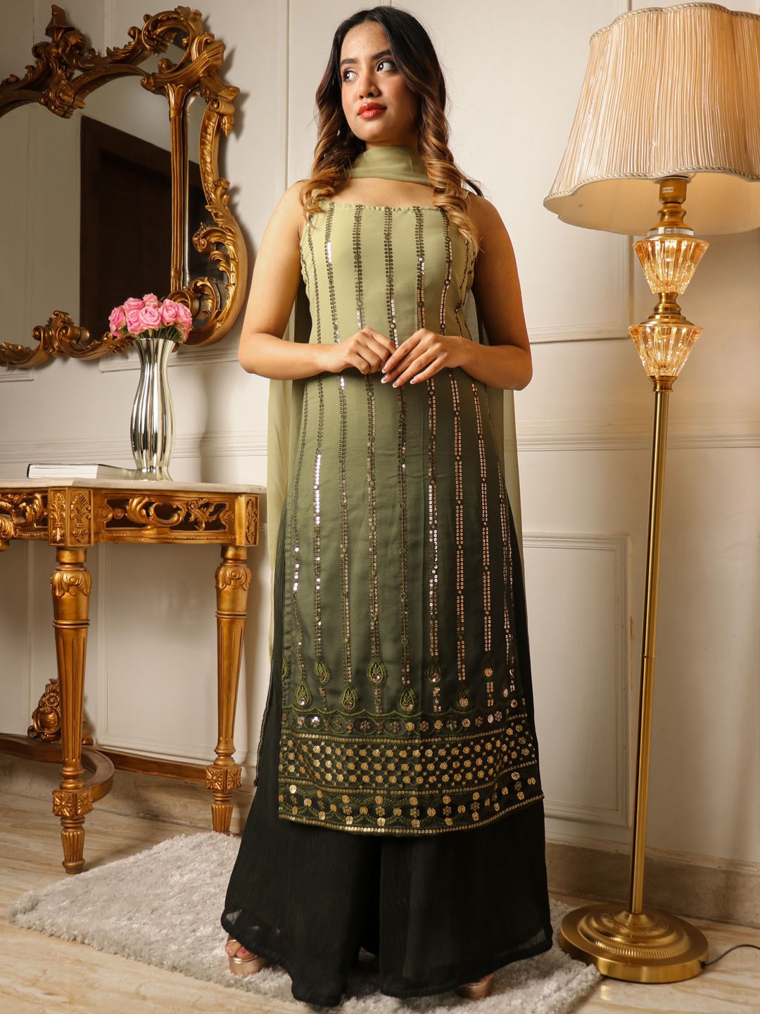 

Vidraa Western Store Embroidered Sequined Straight Kurta With Palazzos & Dupatta, Green