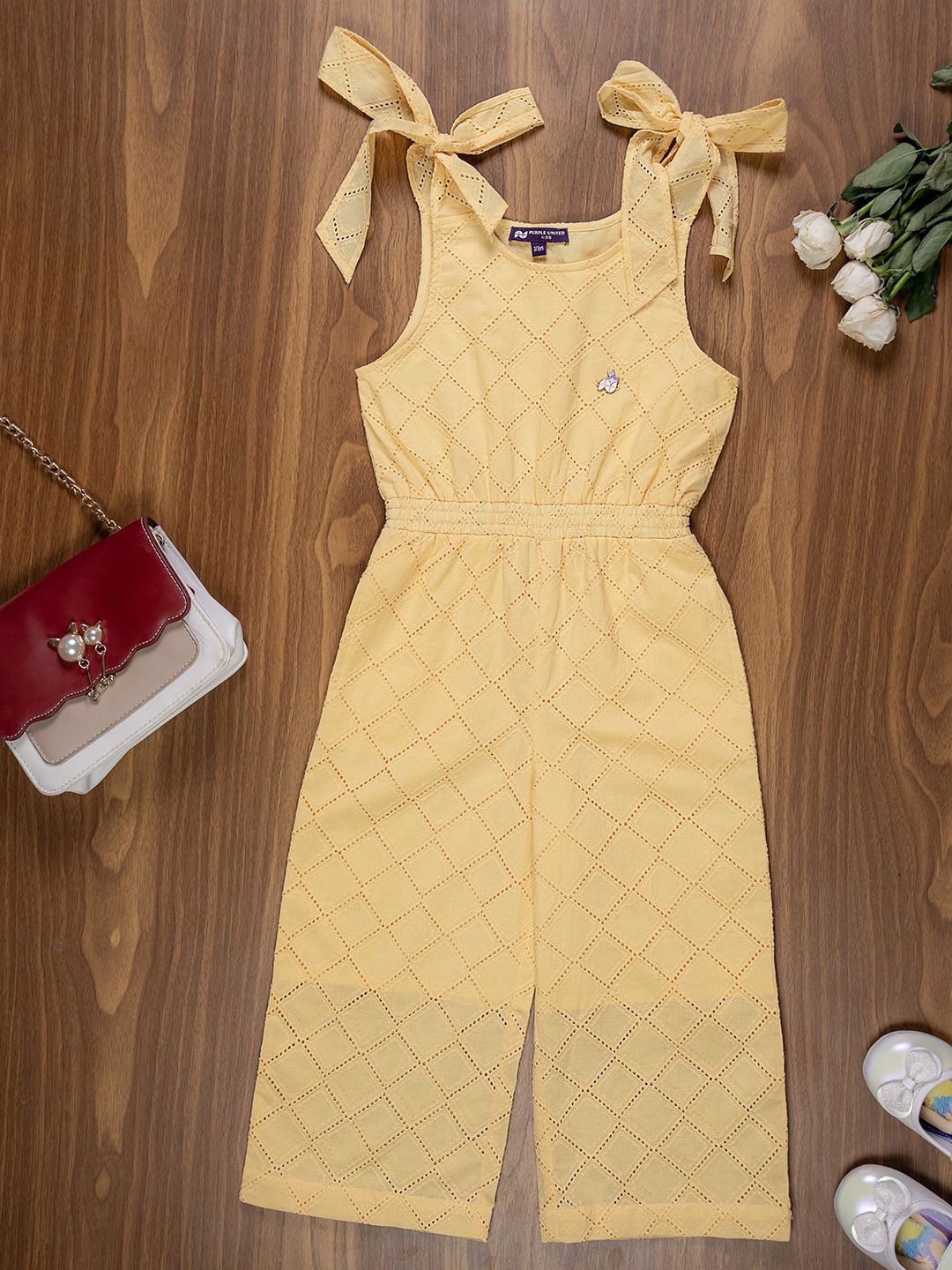 

Purple United Kids Girls Schiffli Cotton Basic Jumpsuit, Yellow