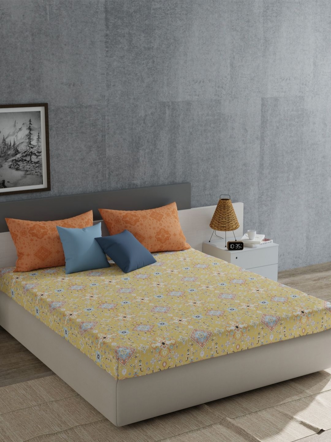 

MYTRIDENT Yellow & Blue Ethnic Motifs 120 TC Cotton King Bedsheet with 2 Pillow Covers