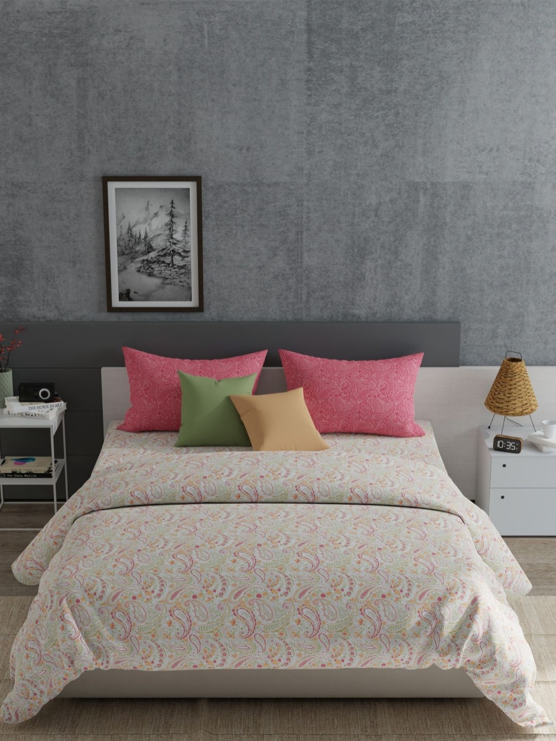 

MYTRIDENT Pink & White Ethnic Motifs 120 TC Cotton King Bedsheet with 2 Pillow Covers