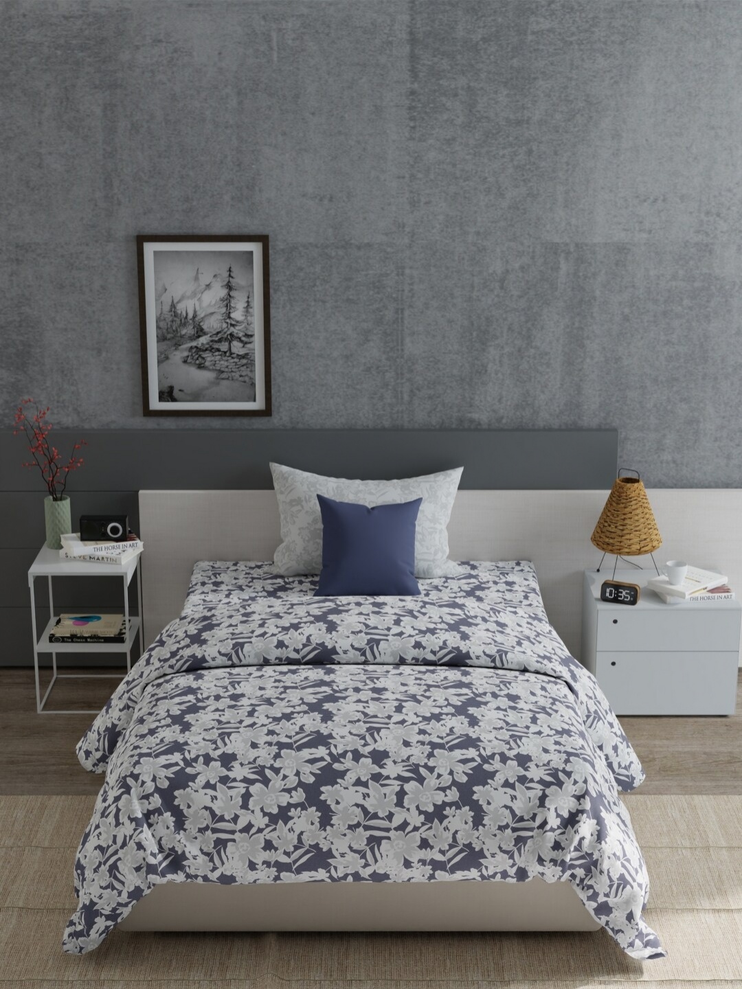

MYTRIDENT Grey & White Floral Cotton 120 TC Single Bedsheet With Pillow Cover