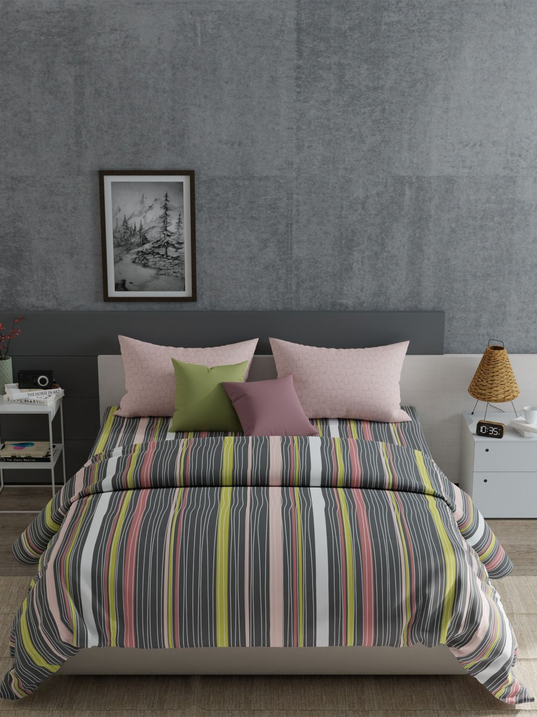 

MYTRIDENT Pink & Green Striped 120 TC Queen Bedsheet with 2 Pillow Covers