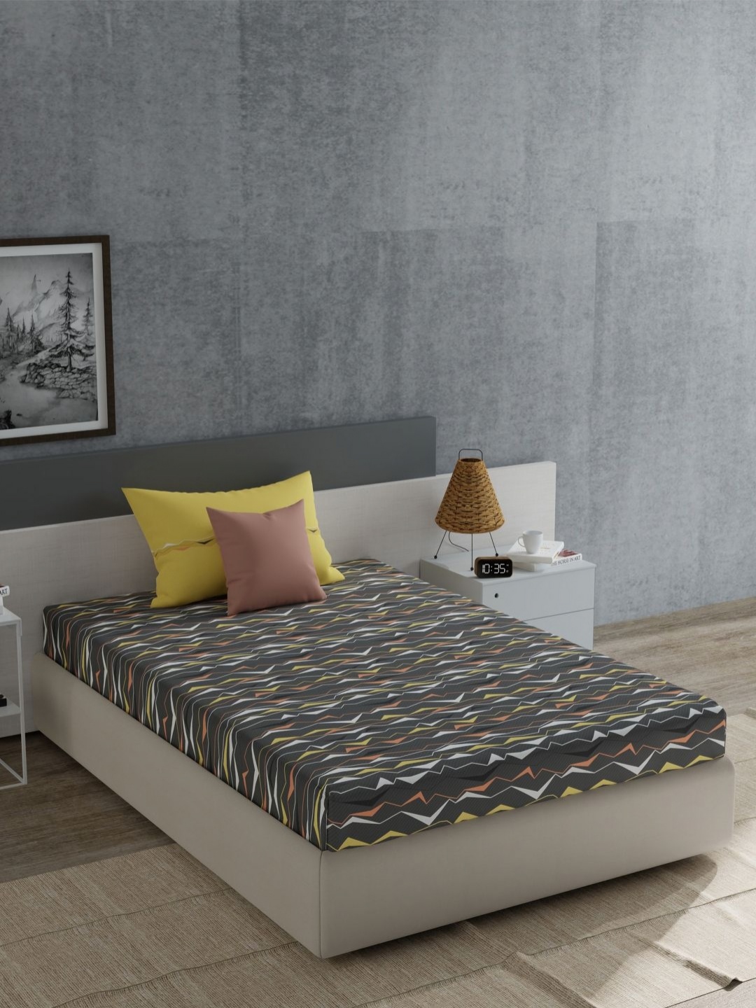 

MYTRIDENT Grey & White Geometric 120 TC Cotton Single Bedsheet with 1 Pillow Cover