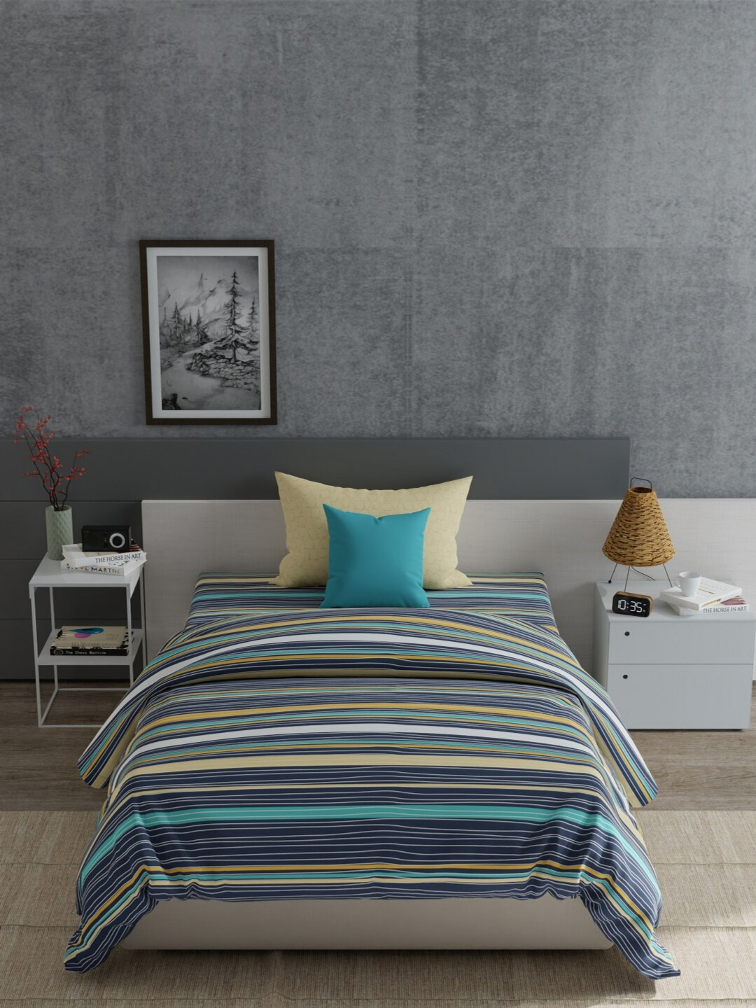 

MYTRIDENT Yellow & Blue Striped 120 TC Cotton Single Bedsheet with 1 Pillow Covers