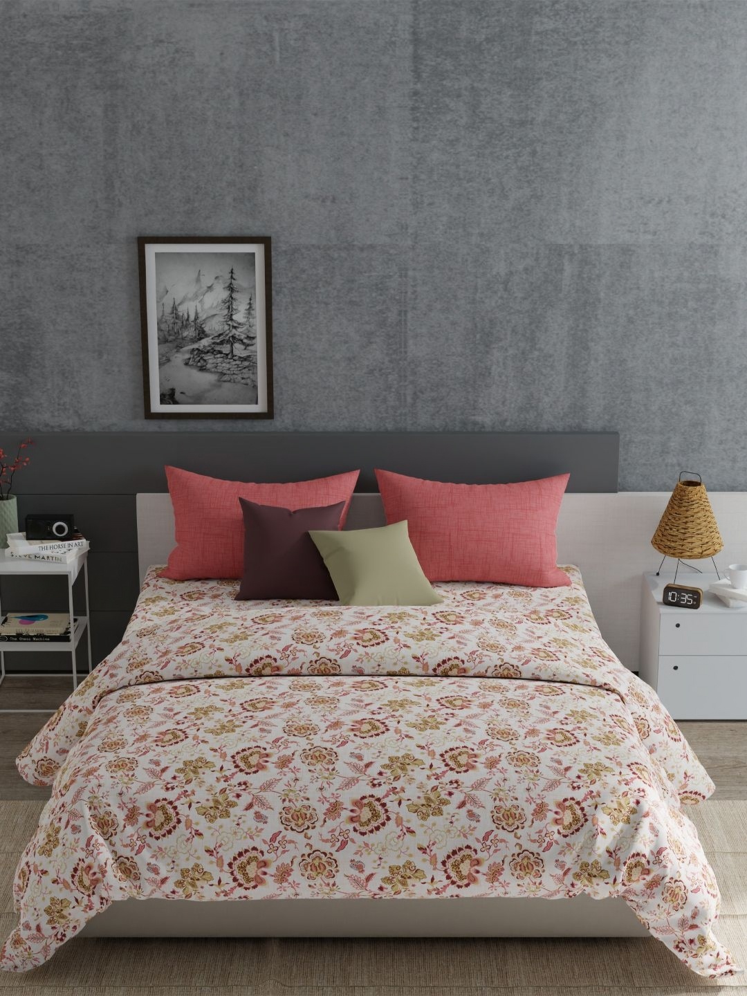 

MYTRIDENT Red & White Floral 120 TC Cotton King Bedsheet with 2 Pillow Covers