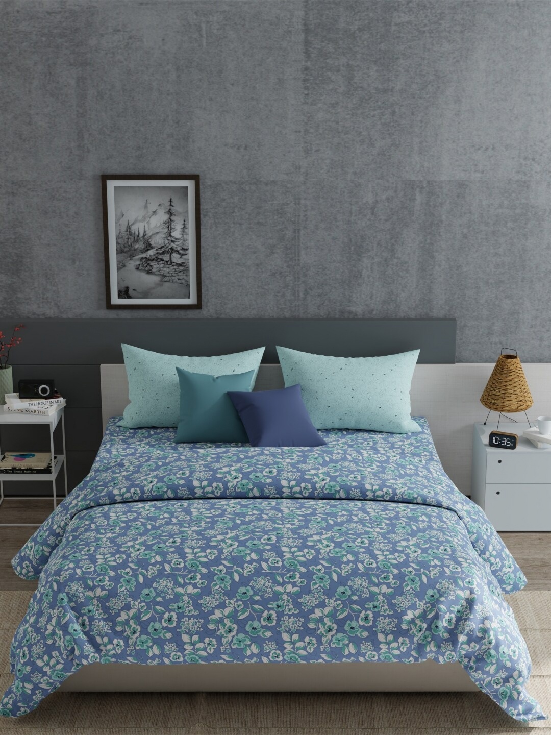 

MYTRIDENT Trident Blue & White Floral Cotton 120 TC King Bedsheet with 2 Pillow Covers