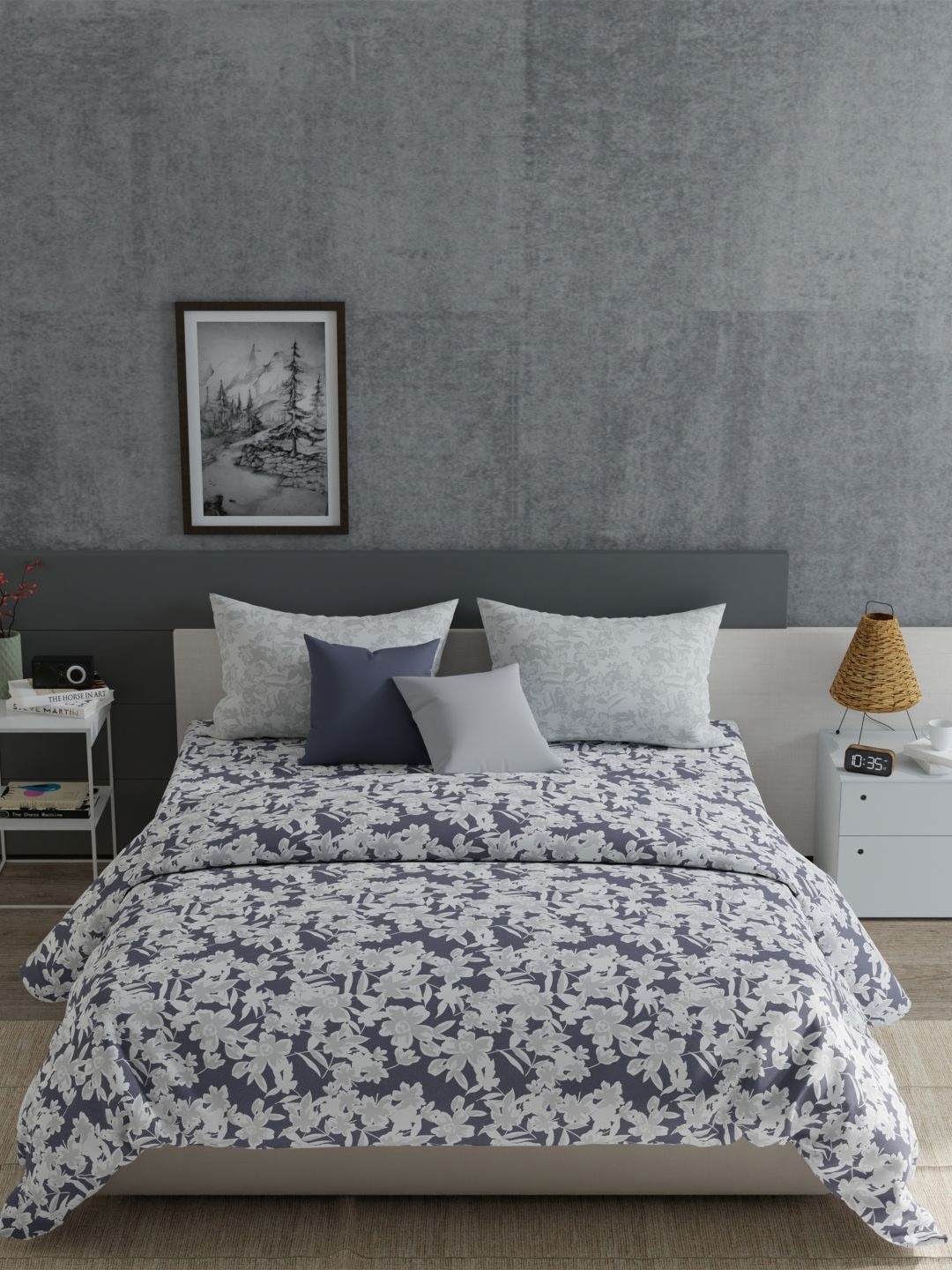 

MYTRIDENT Suzume Cement Everyday Flat 120TC Queen Cotton 1 Bedsheet with 2 Pillow Covers, Grey