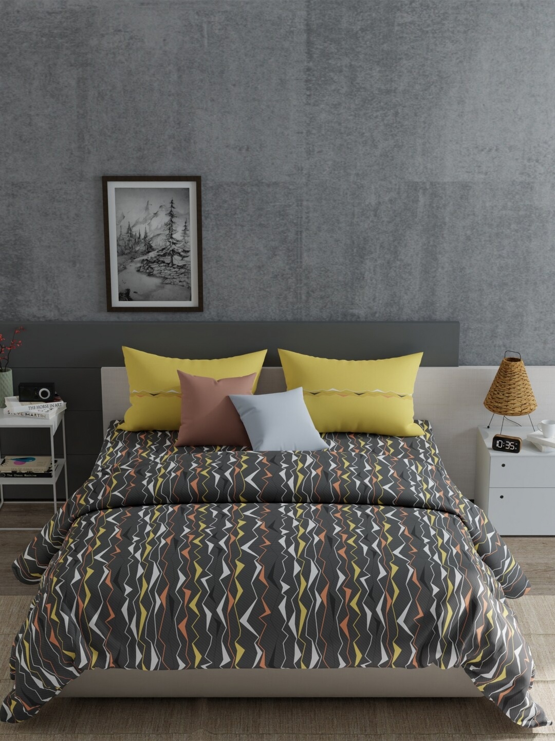 

MYTRIDENT Grey & White Geometric 120 TC Cotton Queen Bedsheet with 2 Pillow Covers