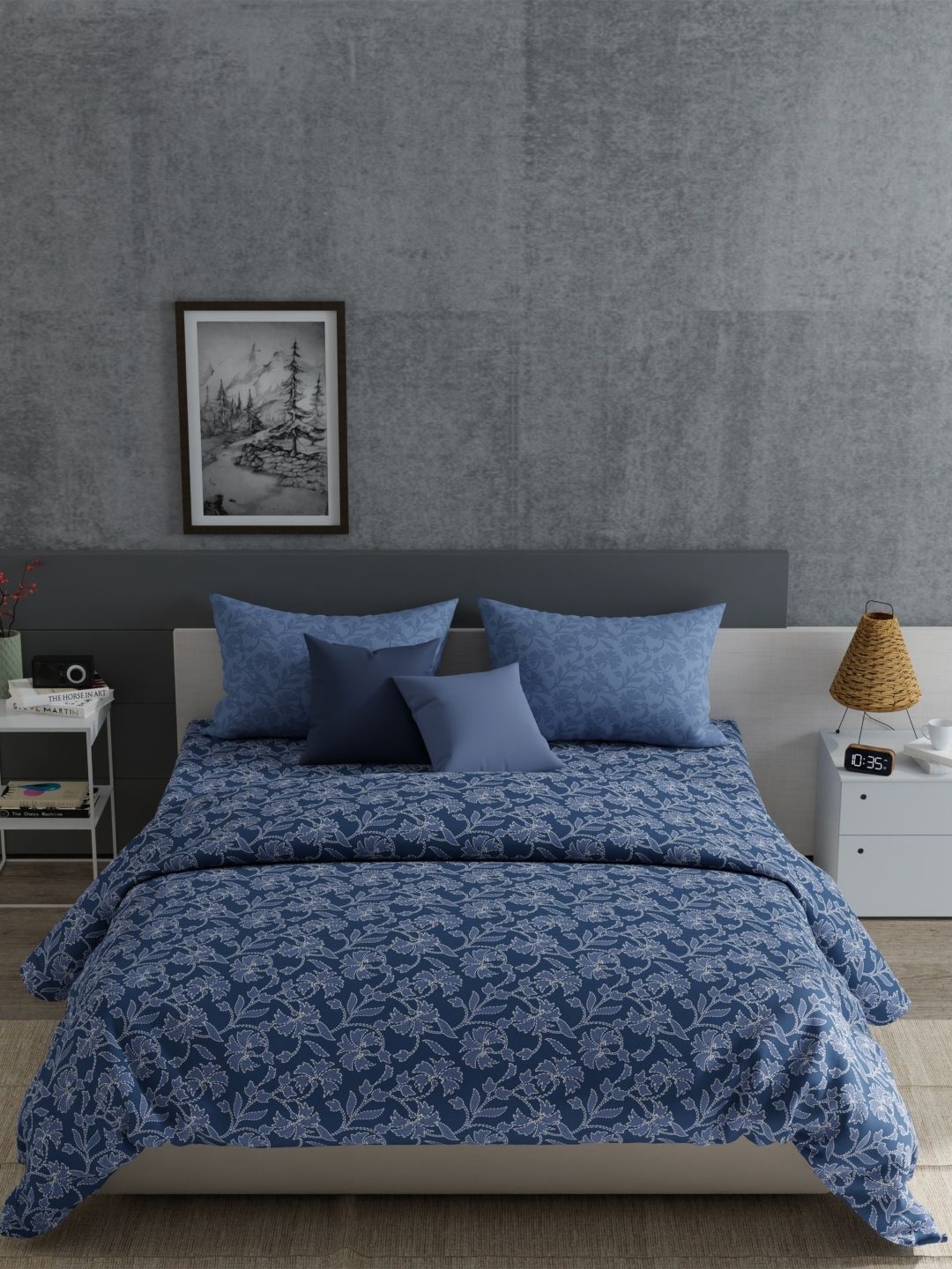 

MYTRIDENT Blue & White Floral 120 TC Cotton King Bedsheet with 2 Pillow Covers