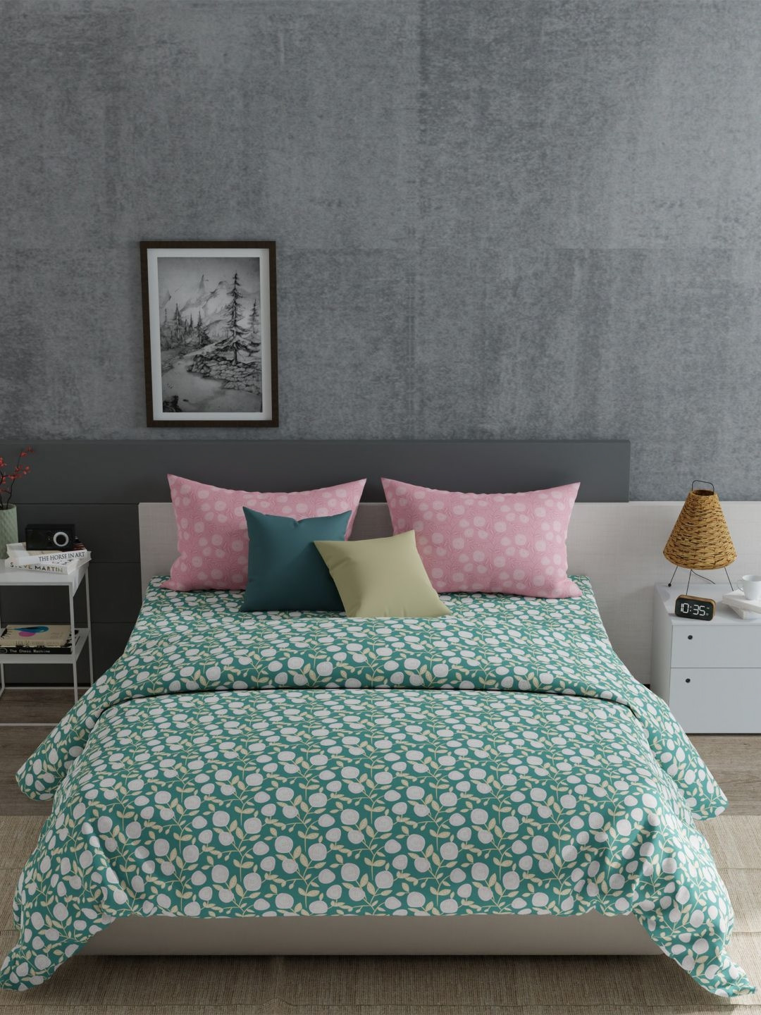 

MYTRIDENT Layla Teal Everyday Flat 120TC King Cotton 1 Bedsheet with 4 Pillow Covers, Green