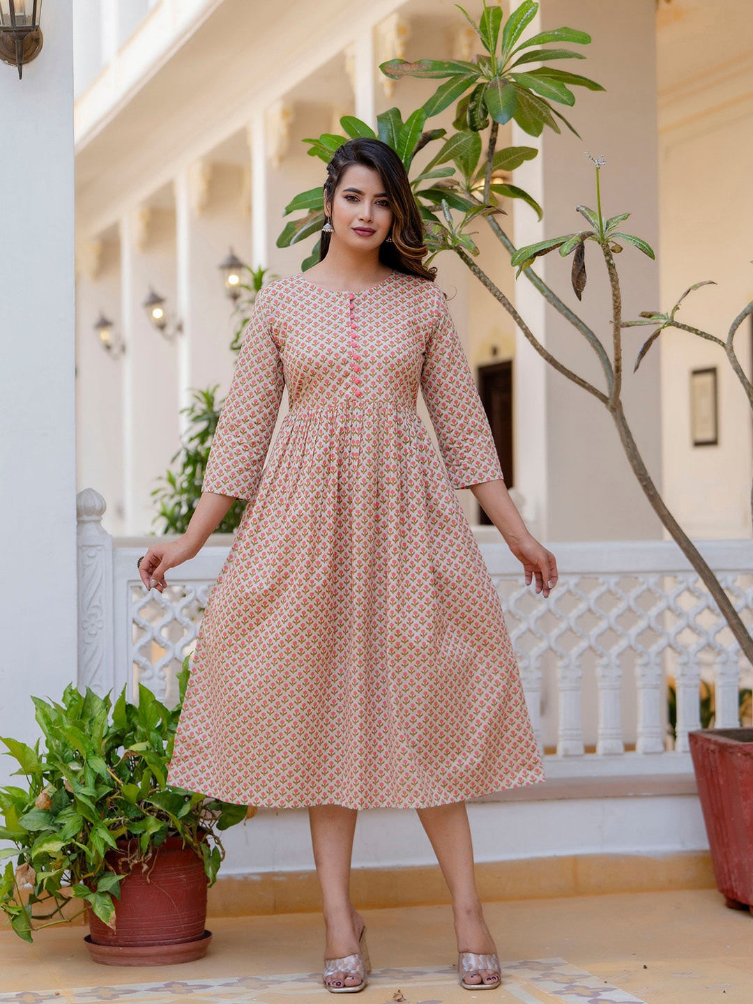 

antaran Women Ethnic Motifs Printed Round Neck Pure Cotton Fit and Flare Midi Dress, Beige
