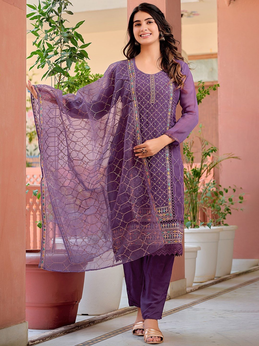 

KALINI Floral Embroidered Beads and Stones Pure Silk Kurta with Trousers & With Dupatta, Purple