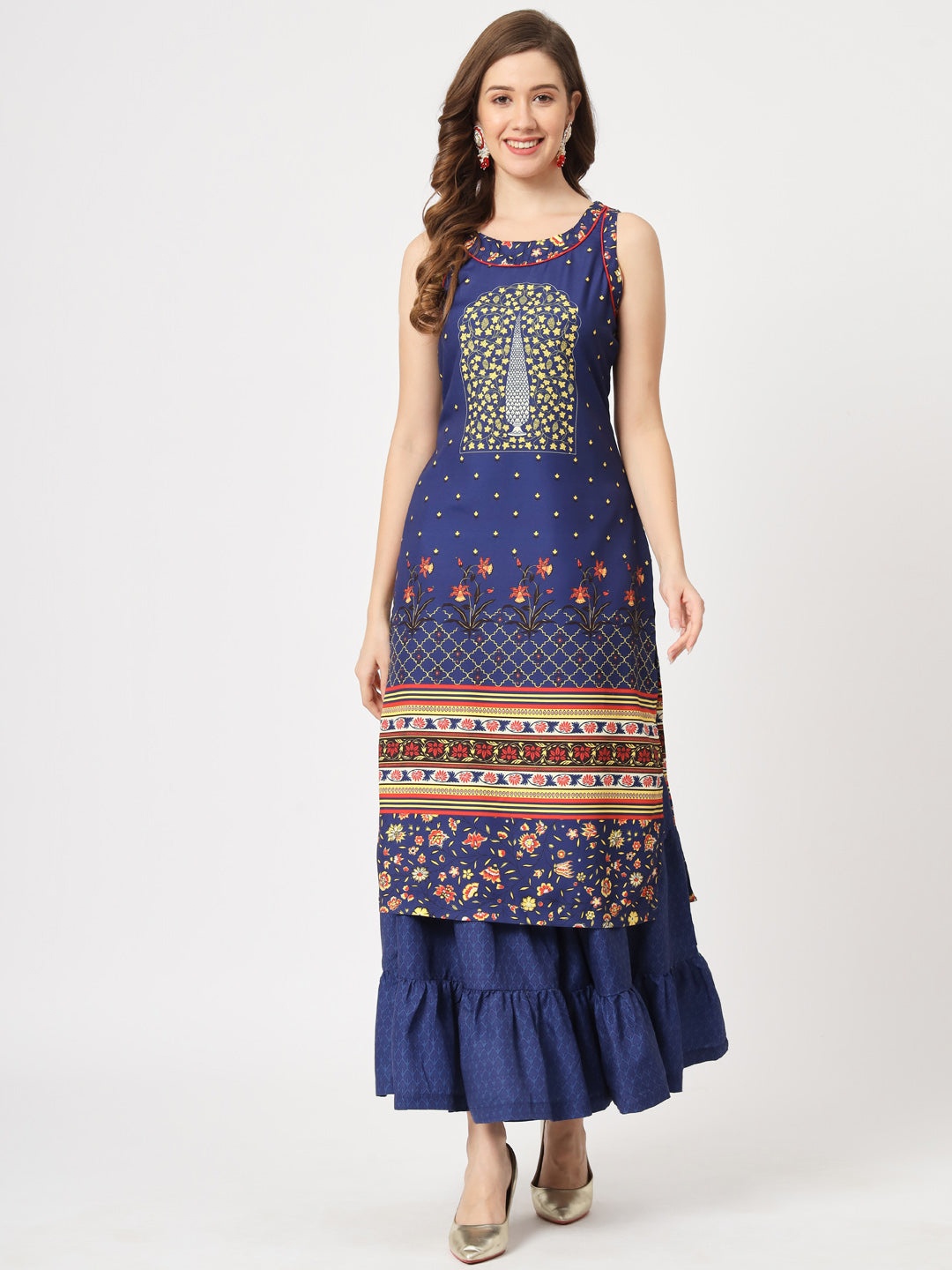 

Pannkh Round Neck Floral Printed Straight Kurta, Navy blue